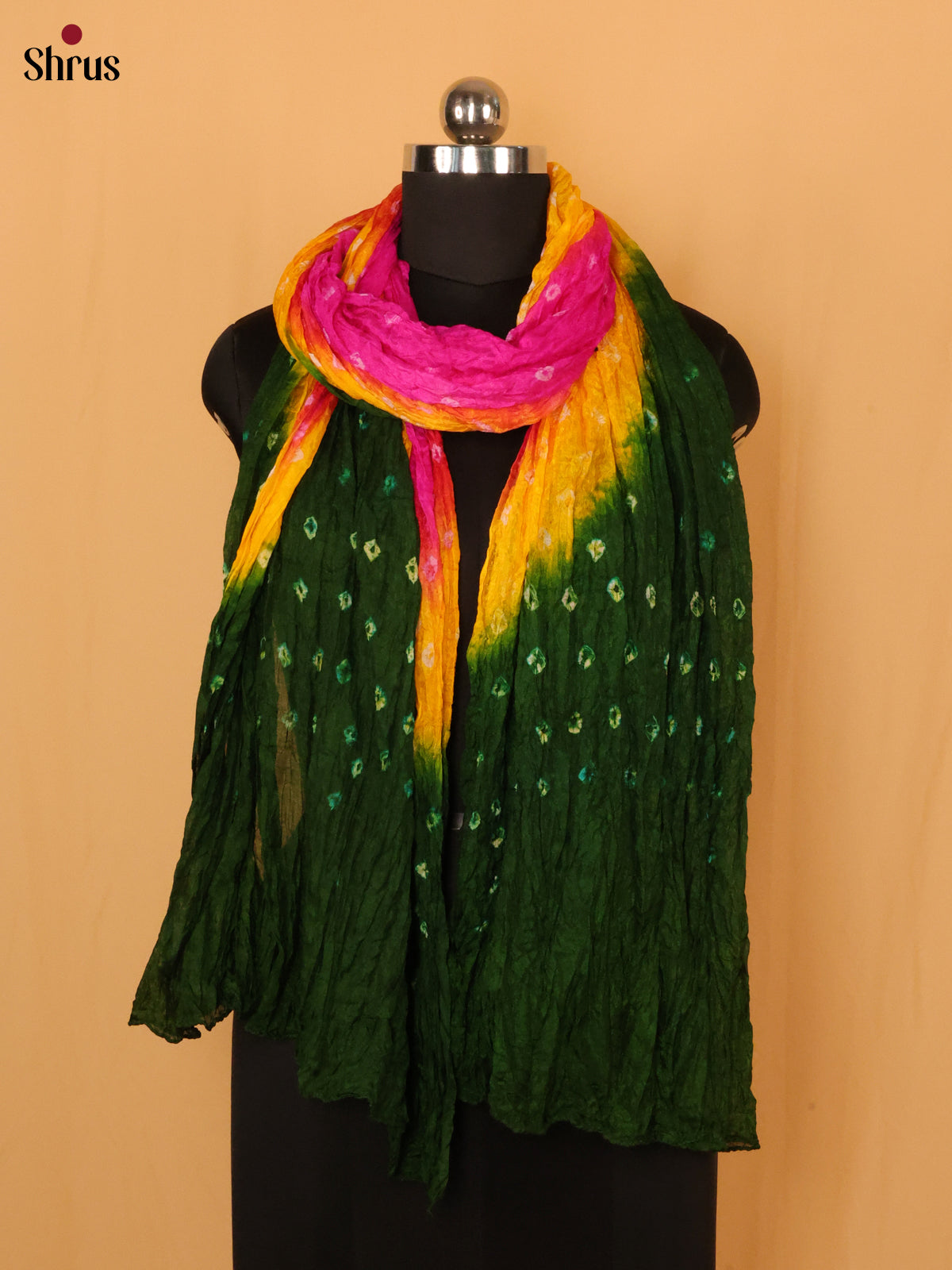 Green with Pink Bandhani Synthetic Dupatta