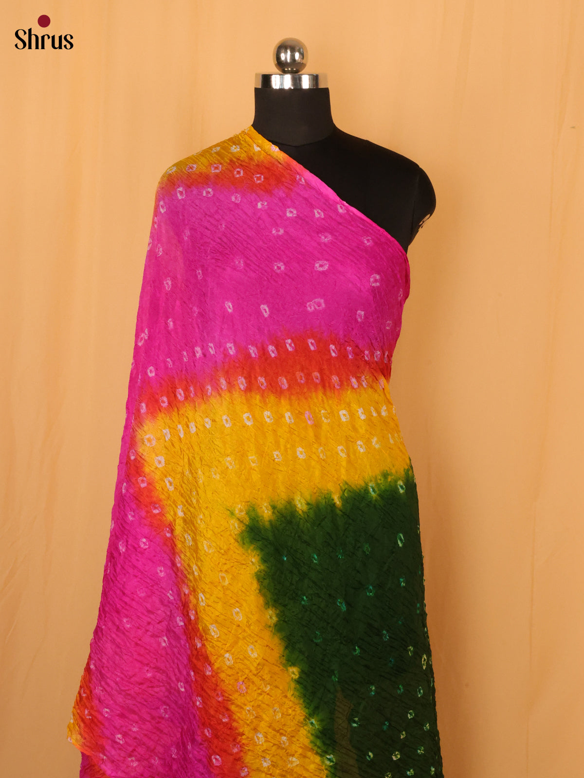 Green with Pink Bandhani Synthetic Dupatta