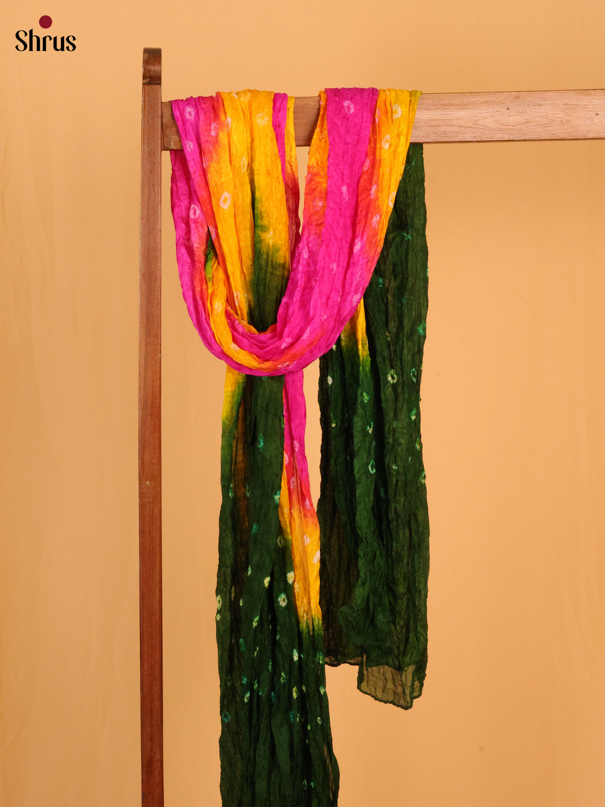 Green with Pink Bandhani Synthetic Dupatta