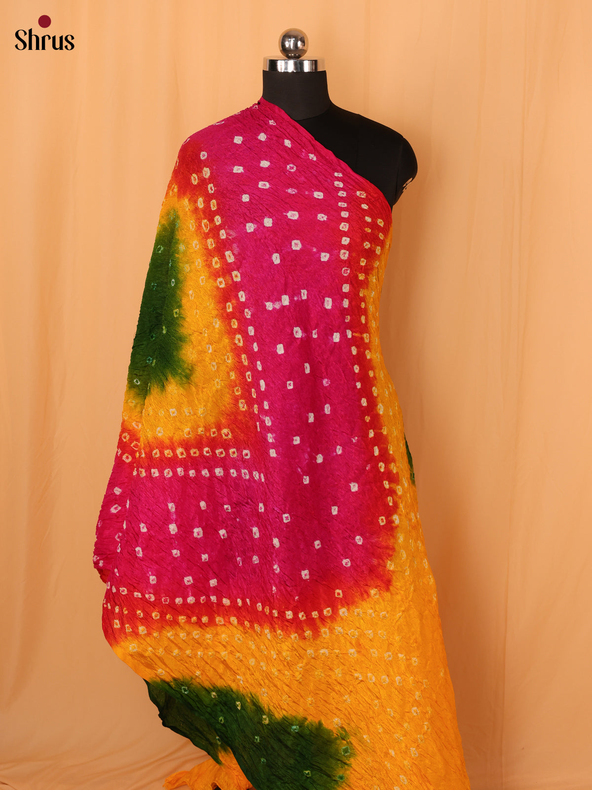 Pink With Yellow Bandhani Synthetic Dupatta