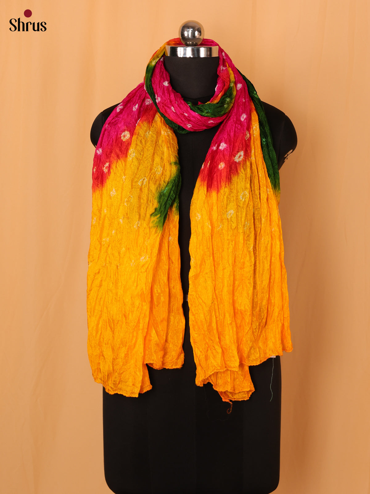 Pink with Yellow Bandhani Synthetic Dupatta