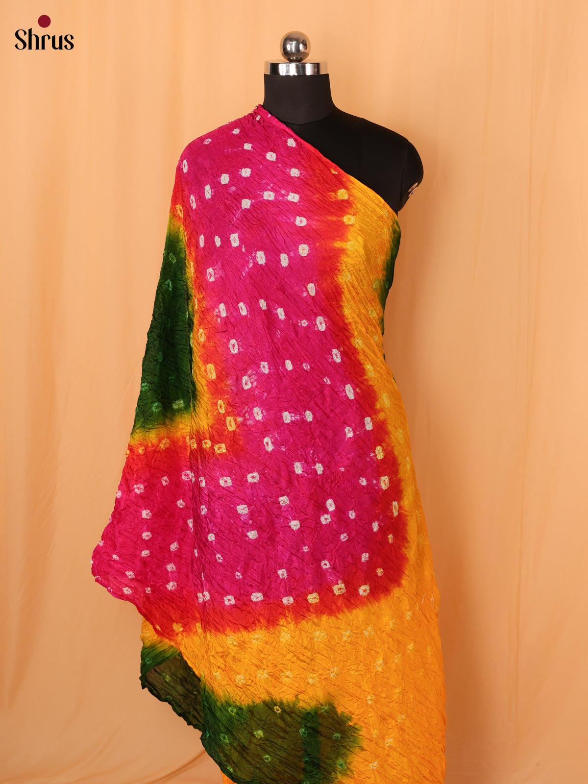 Pink with Yellow Bandhani Synthetic Dupatta