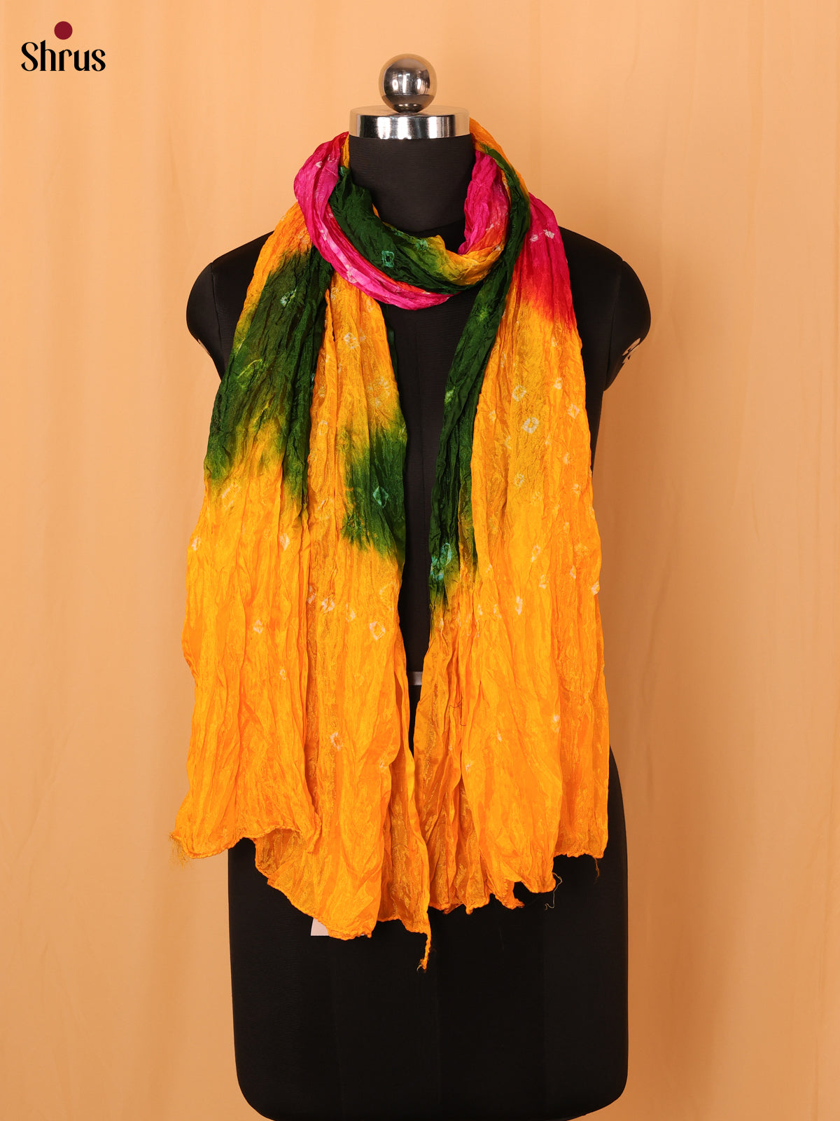 Yellow With Pink Bandhani Synthetic Dupatta