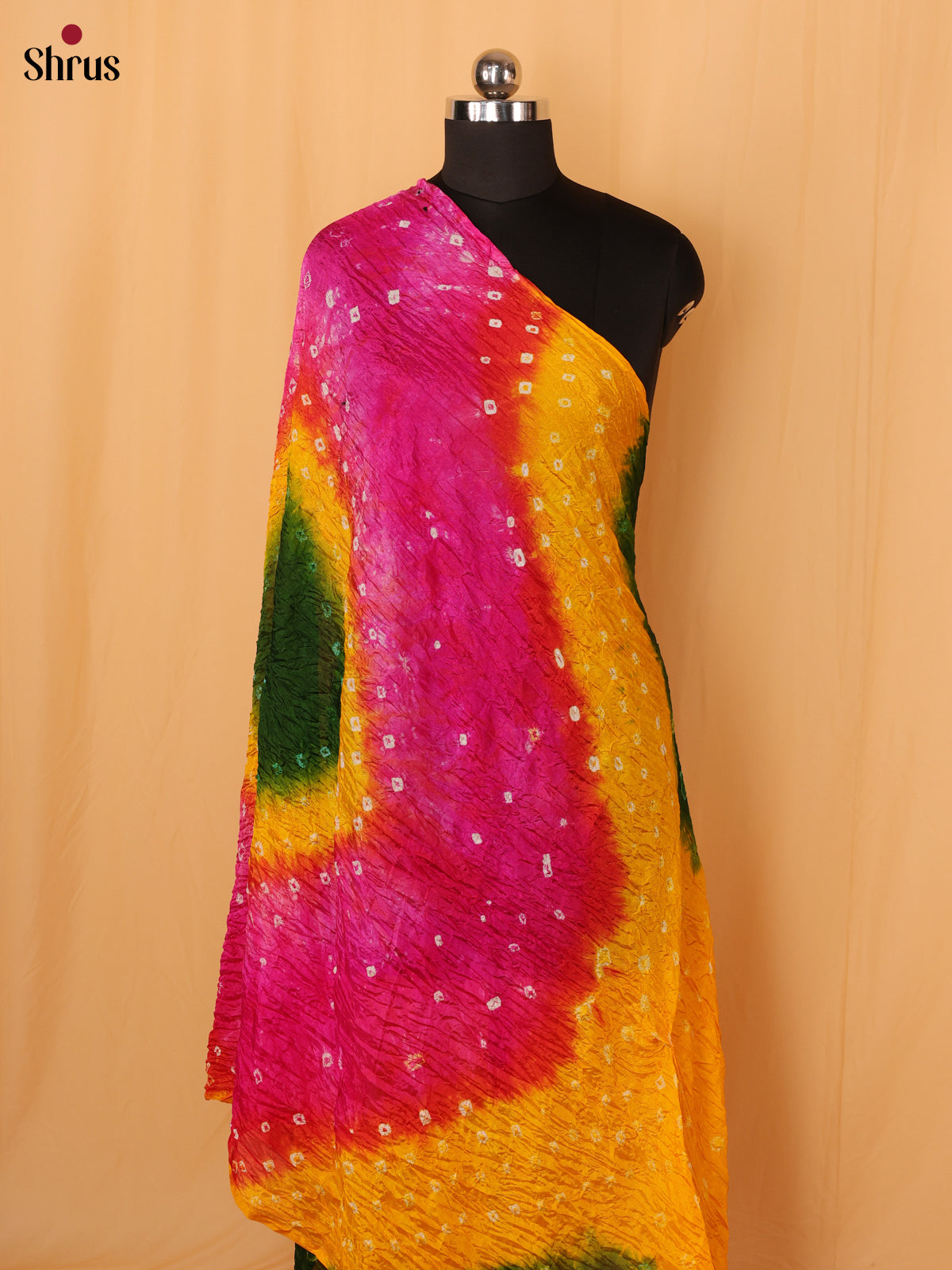 Yellow With Pink Bandhani Synthetic Dupatta