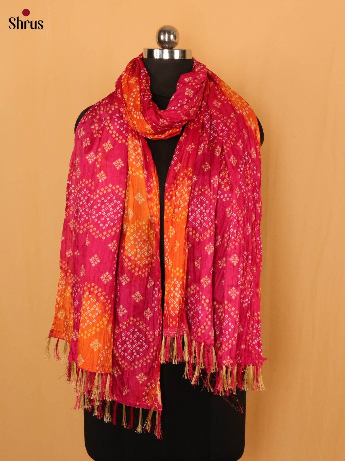 Pink with Yellow colour Bandhani Cotton Mix Dupatta