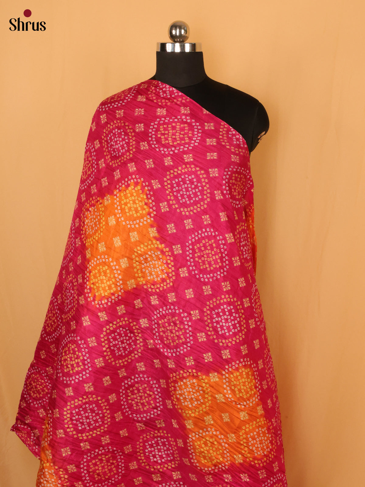 Pink with Yellow colour Bandhani Cotton Mix Dupatta