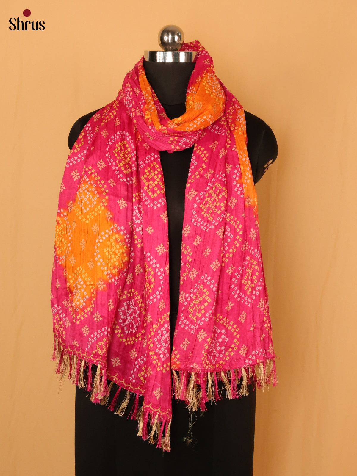 Pink with Yellow Bandhani Cotton Mix Dupatta