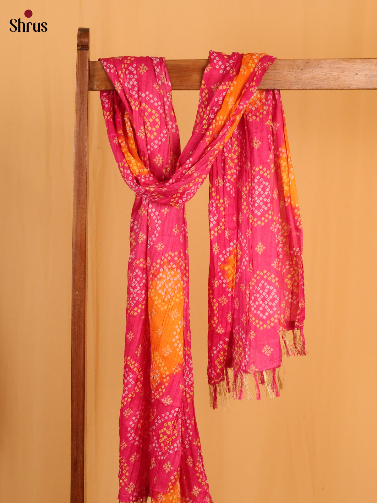 Pink with Yellow Bandhani Cotton Mix Dupatta