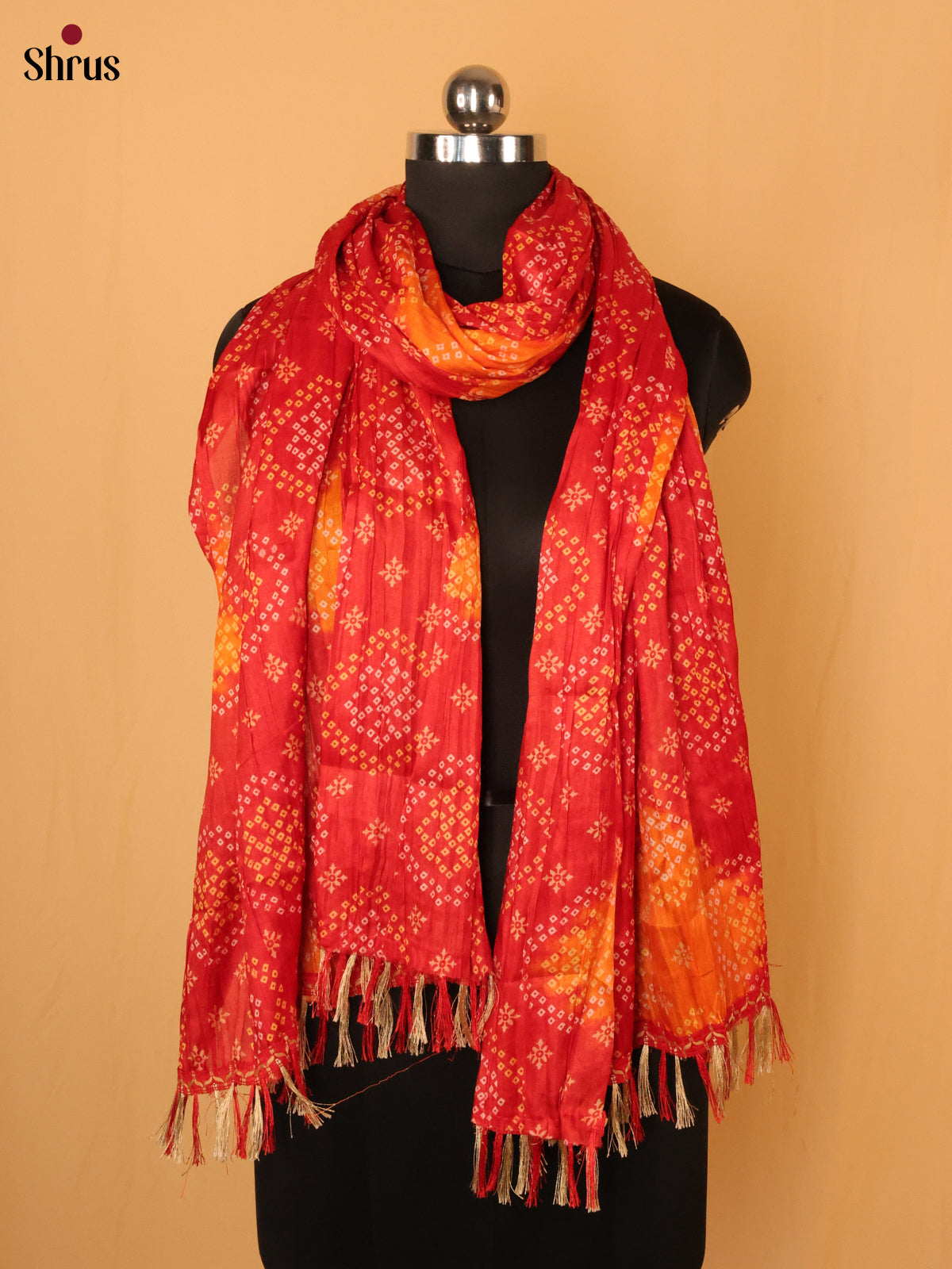 Red With Orange Bandhani Cotton mis Dupatta