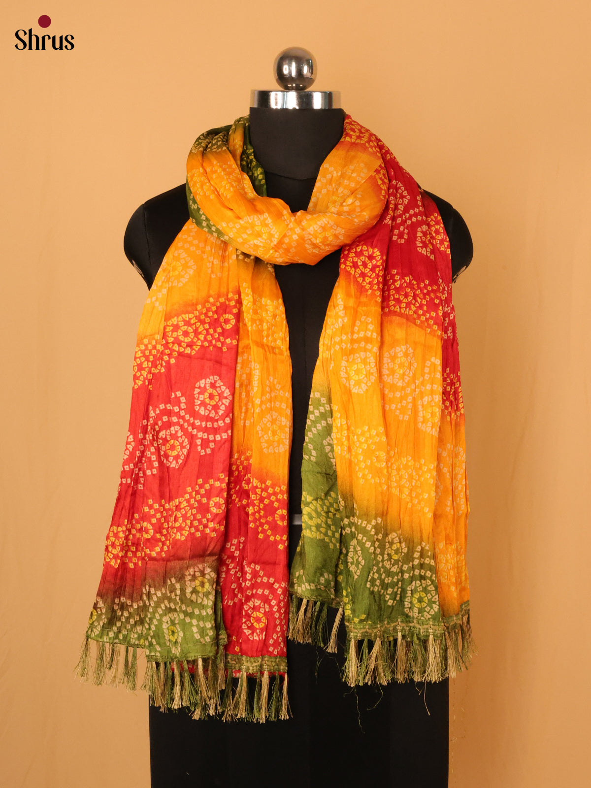 Yellow With Green Bandhani Cotton Mix Dupatta