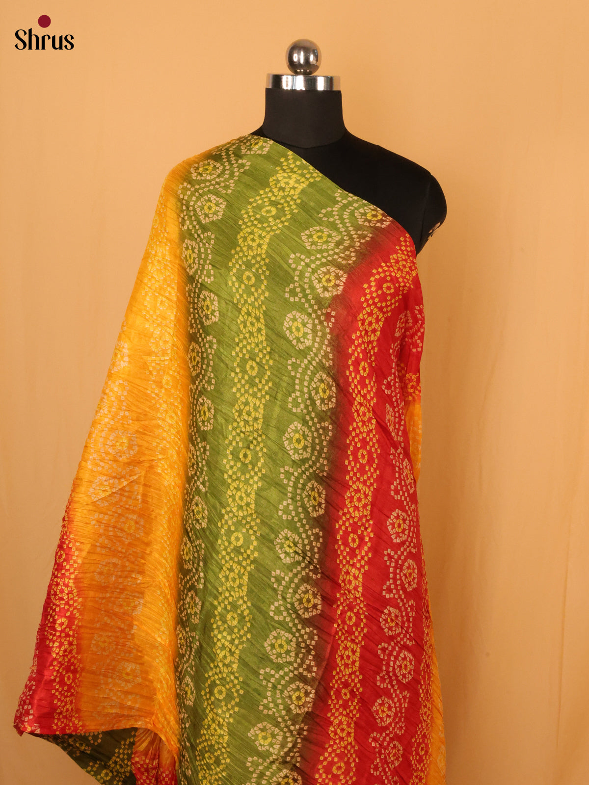 Yellow With Green Bandhani Cotton Mix Dupatta