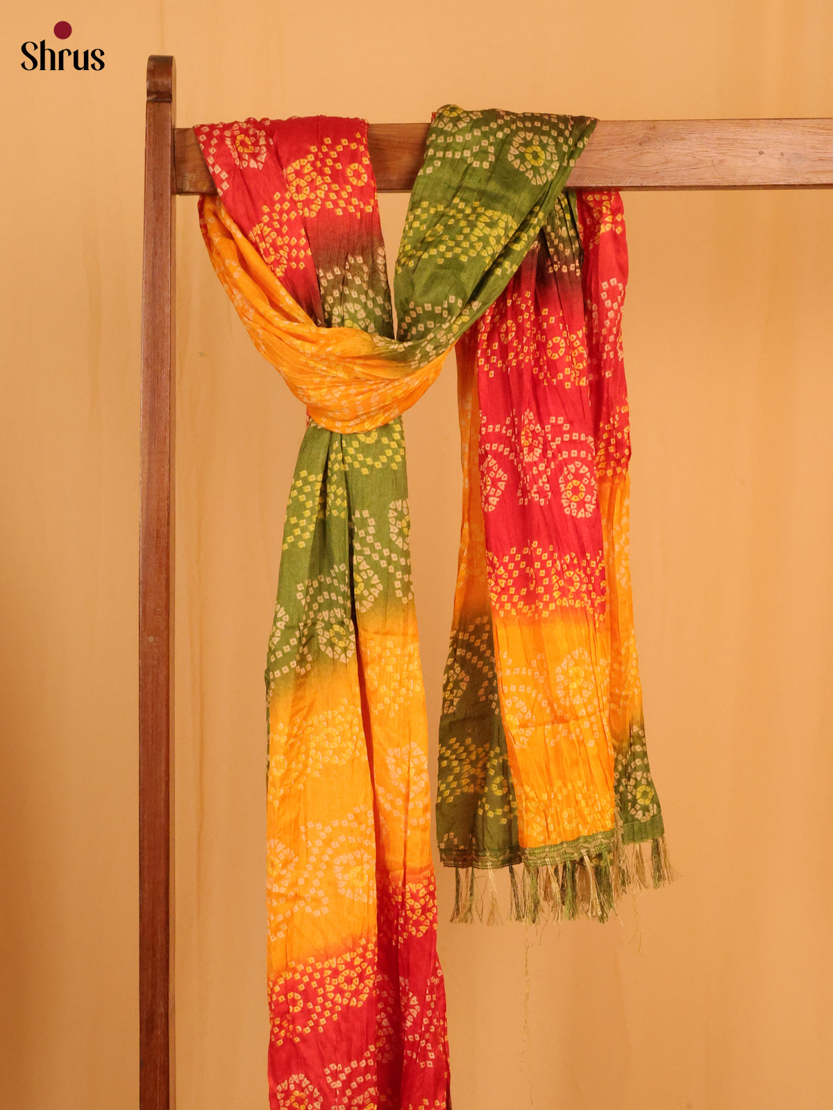Yellow With Green Bandhani Cotton Mix Dupatta