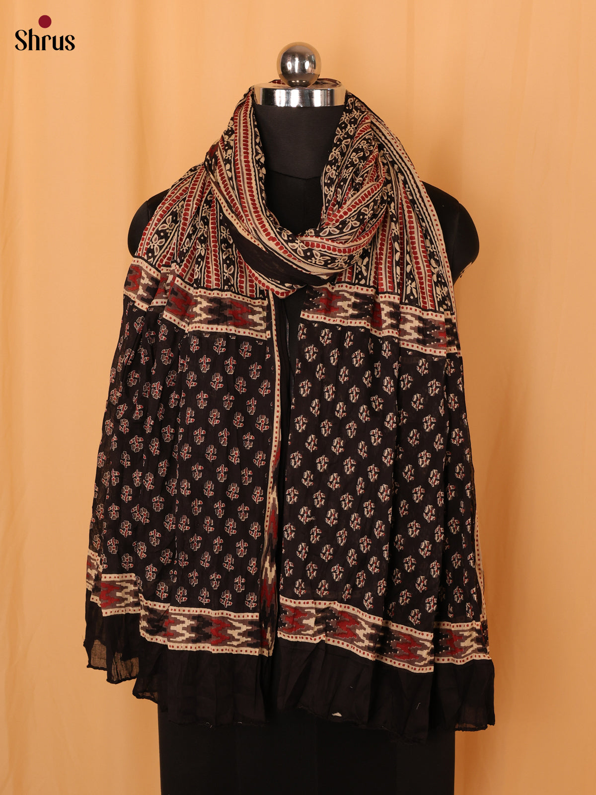 Cream With Black Floral Print Cotton Dupatta