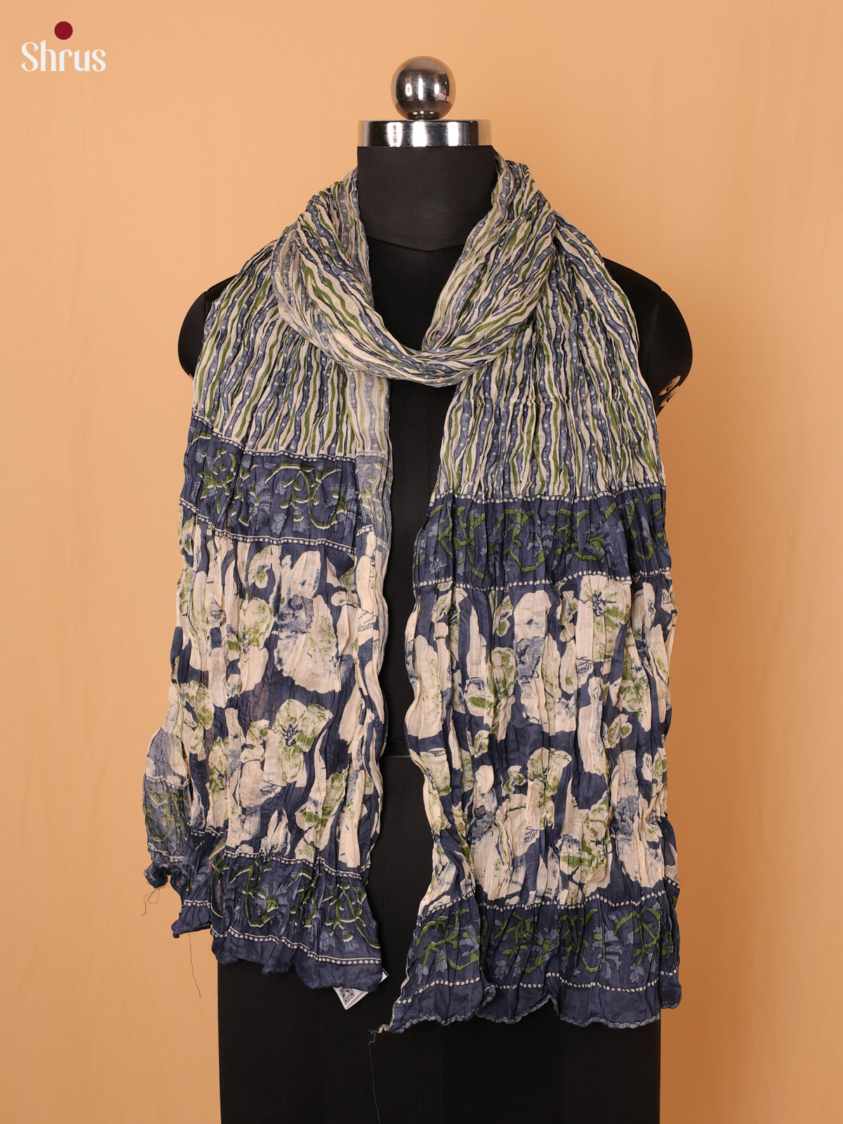Cream With Blue Floral Print Cotton Dupatta