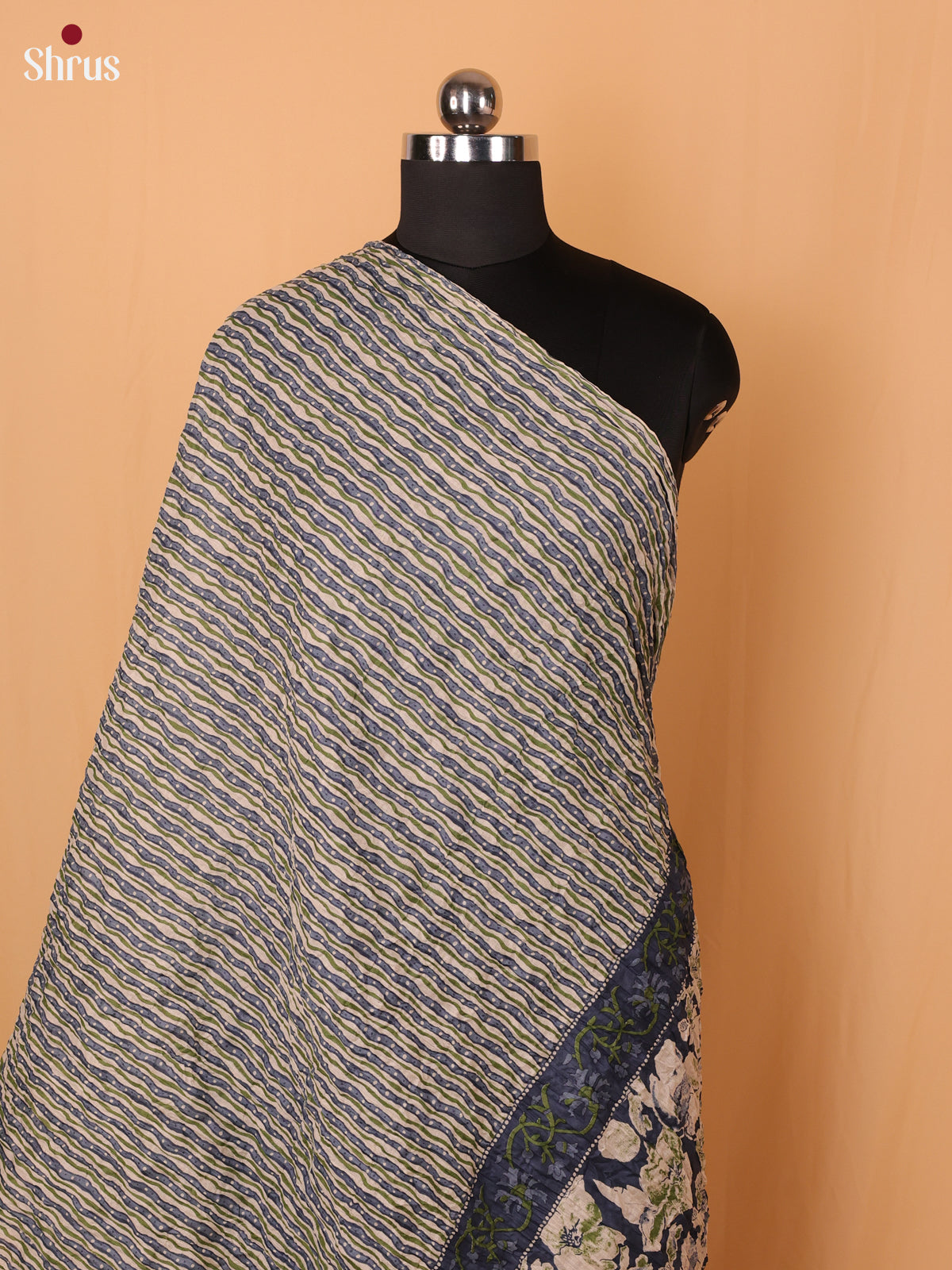 Cream With Blue Floral Print Cotton Dupatta