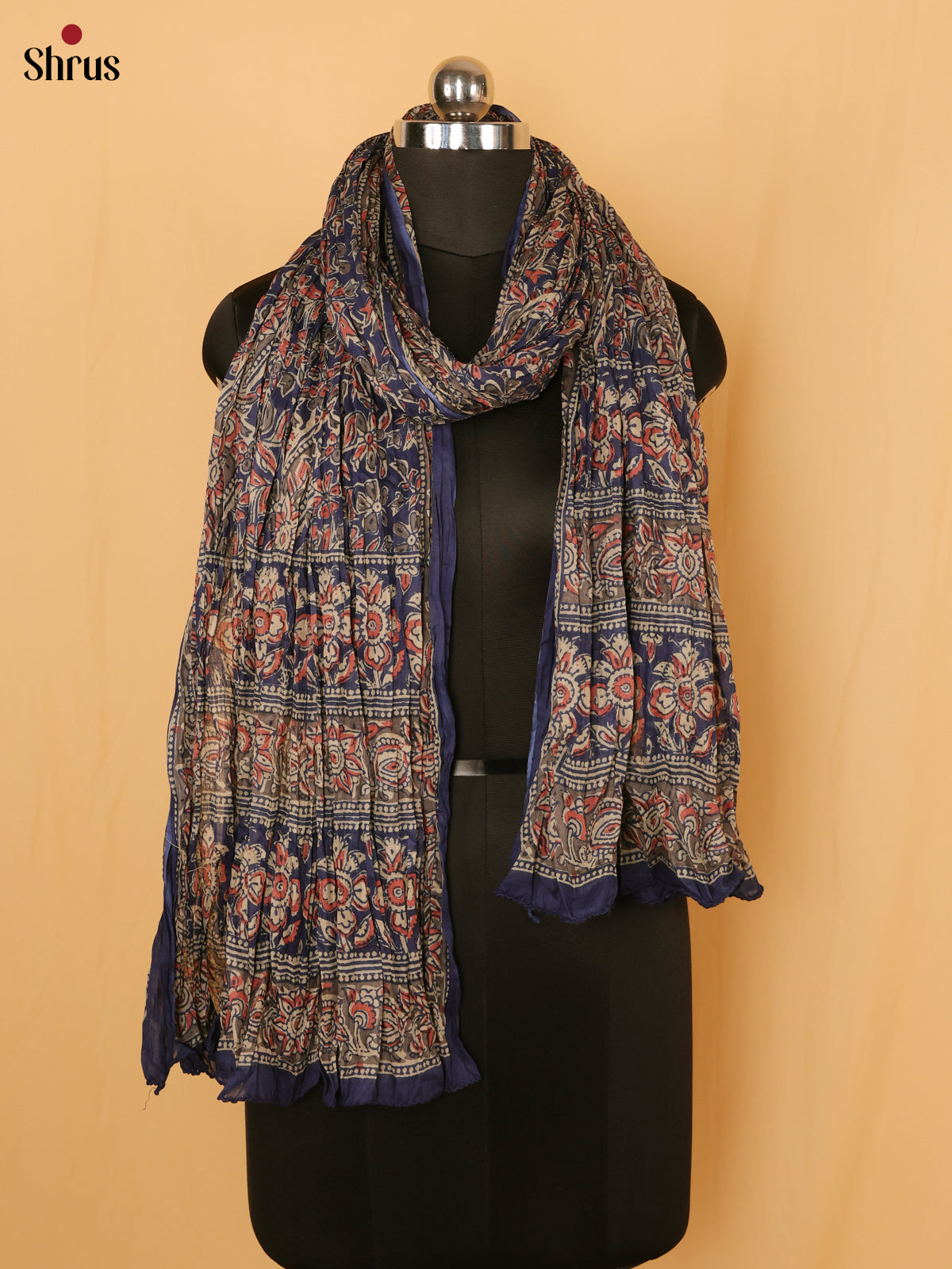 Blue With Grey Floral Print Cotton Dupatta