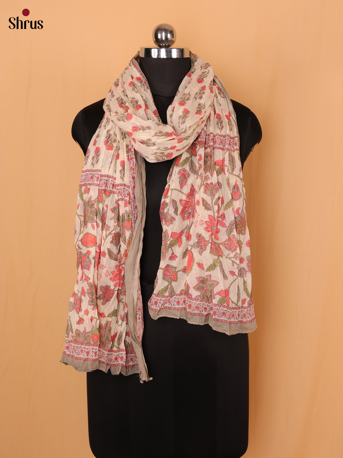 Cream With Grey Floral Print Cotton Dupatta