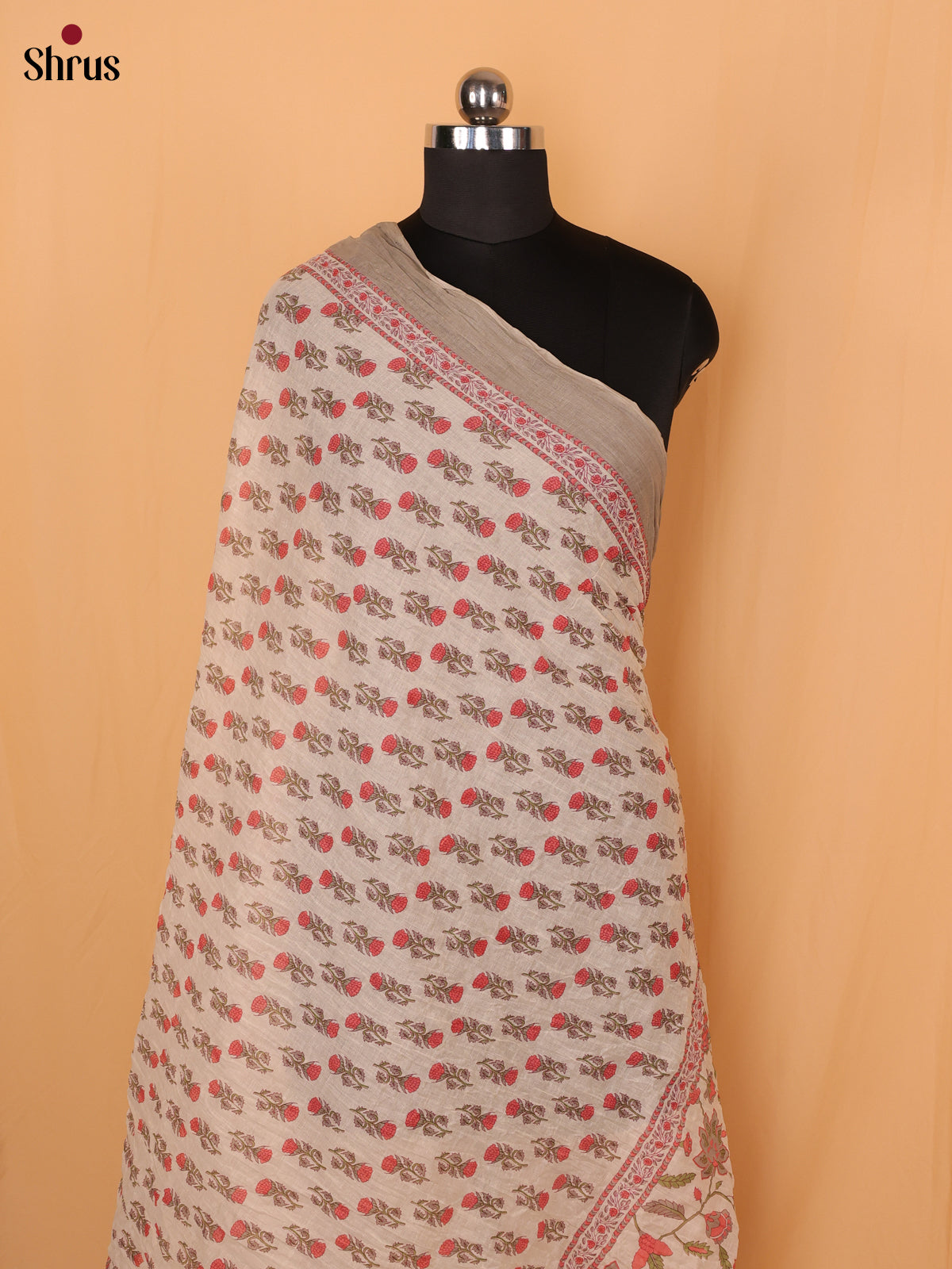 Cream With Grey Floral Print Cotton Dupatta