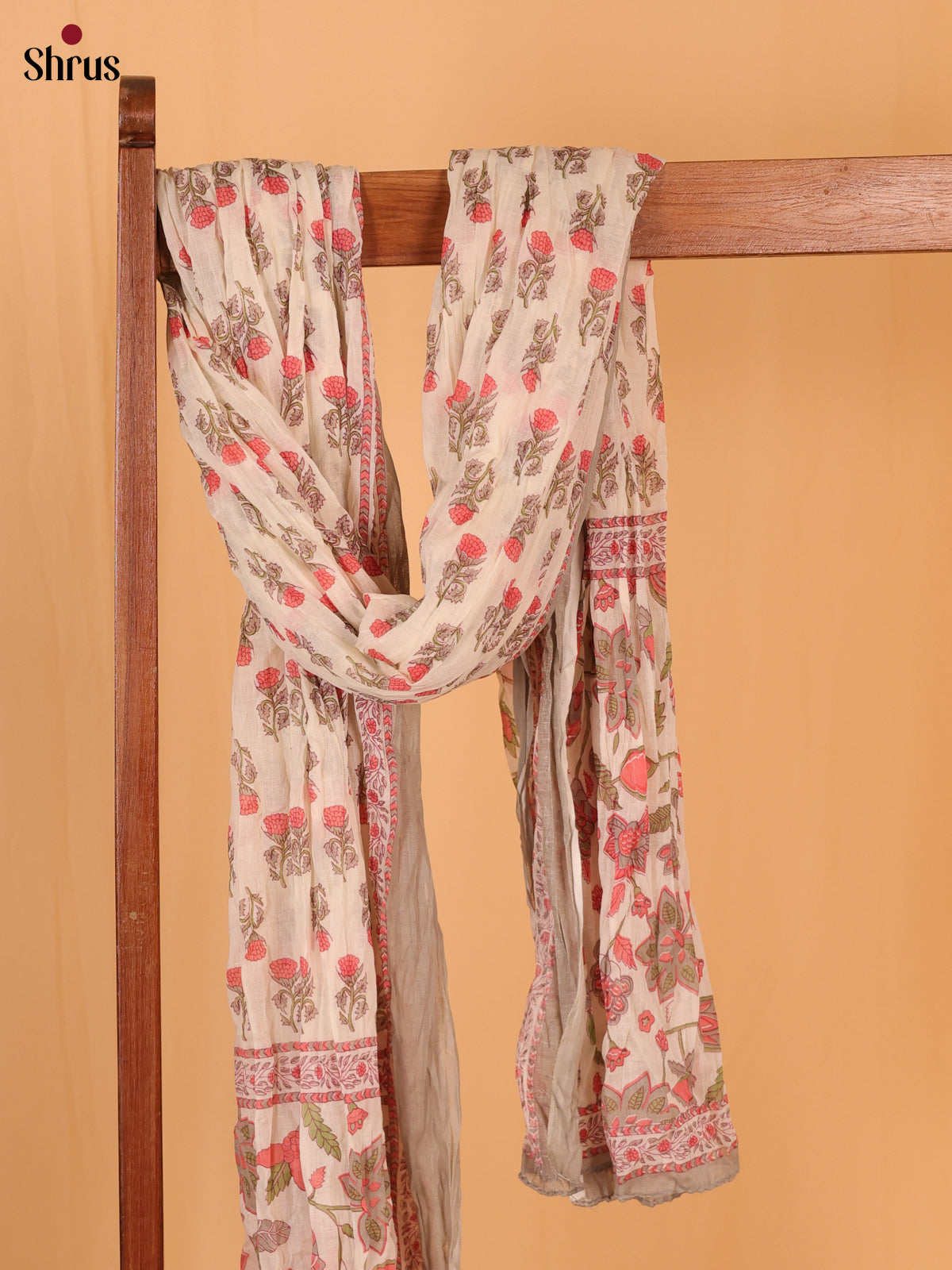 Cream With Grey Floral Print Cotton Dupatta