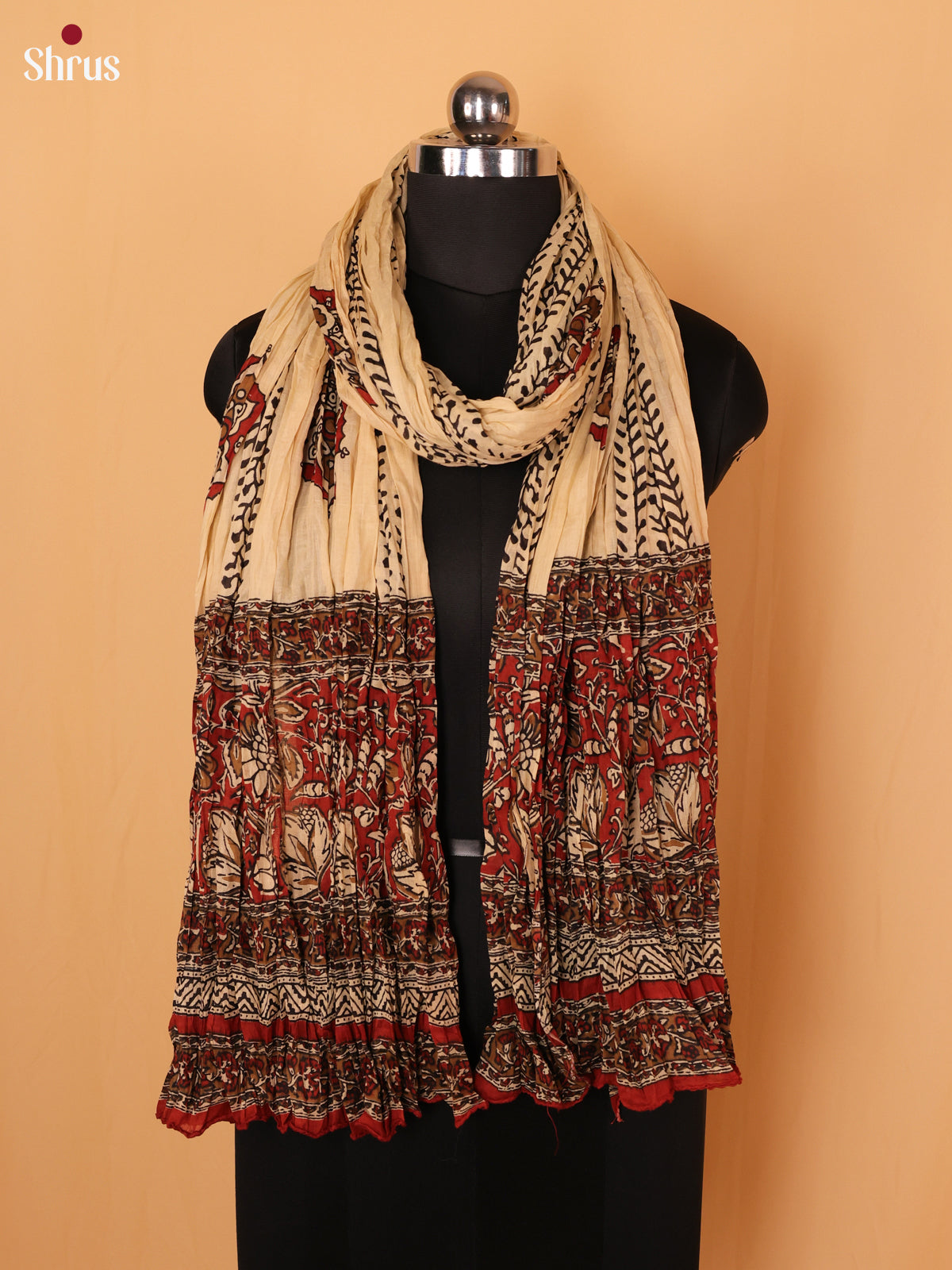 Cream With Red Floral Print Cotton Dupatta