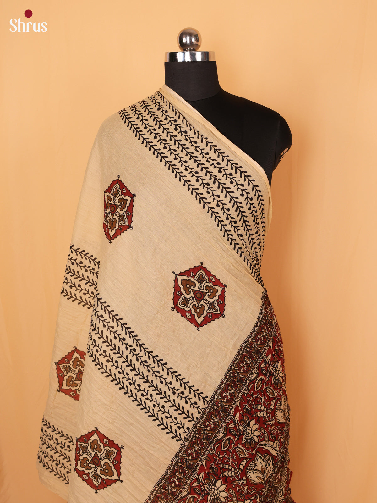 Cream With Red Floral Print Cotton Dupatta