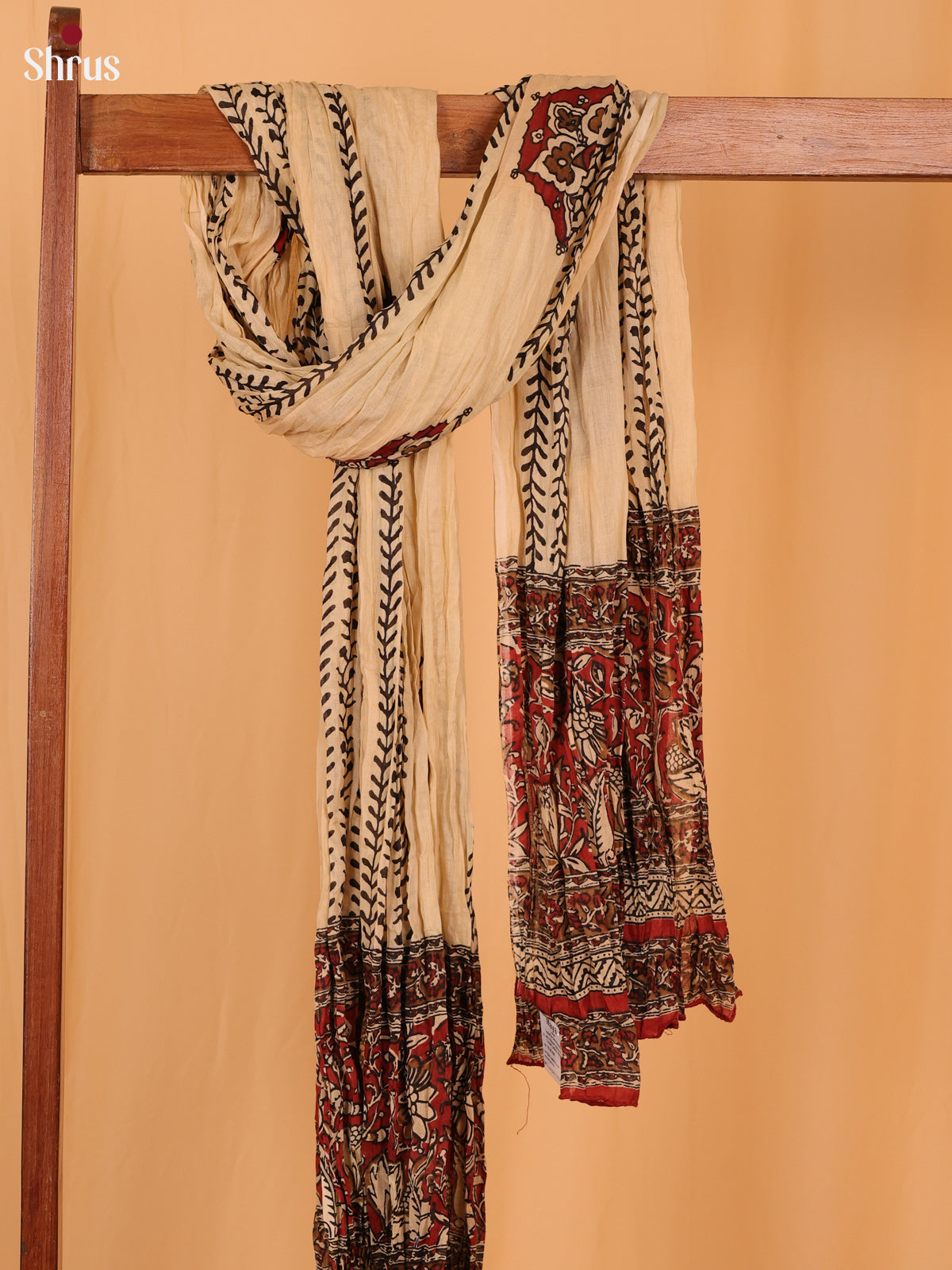 Cream With Red Floral Print Cotton Dupatta