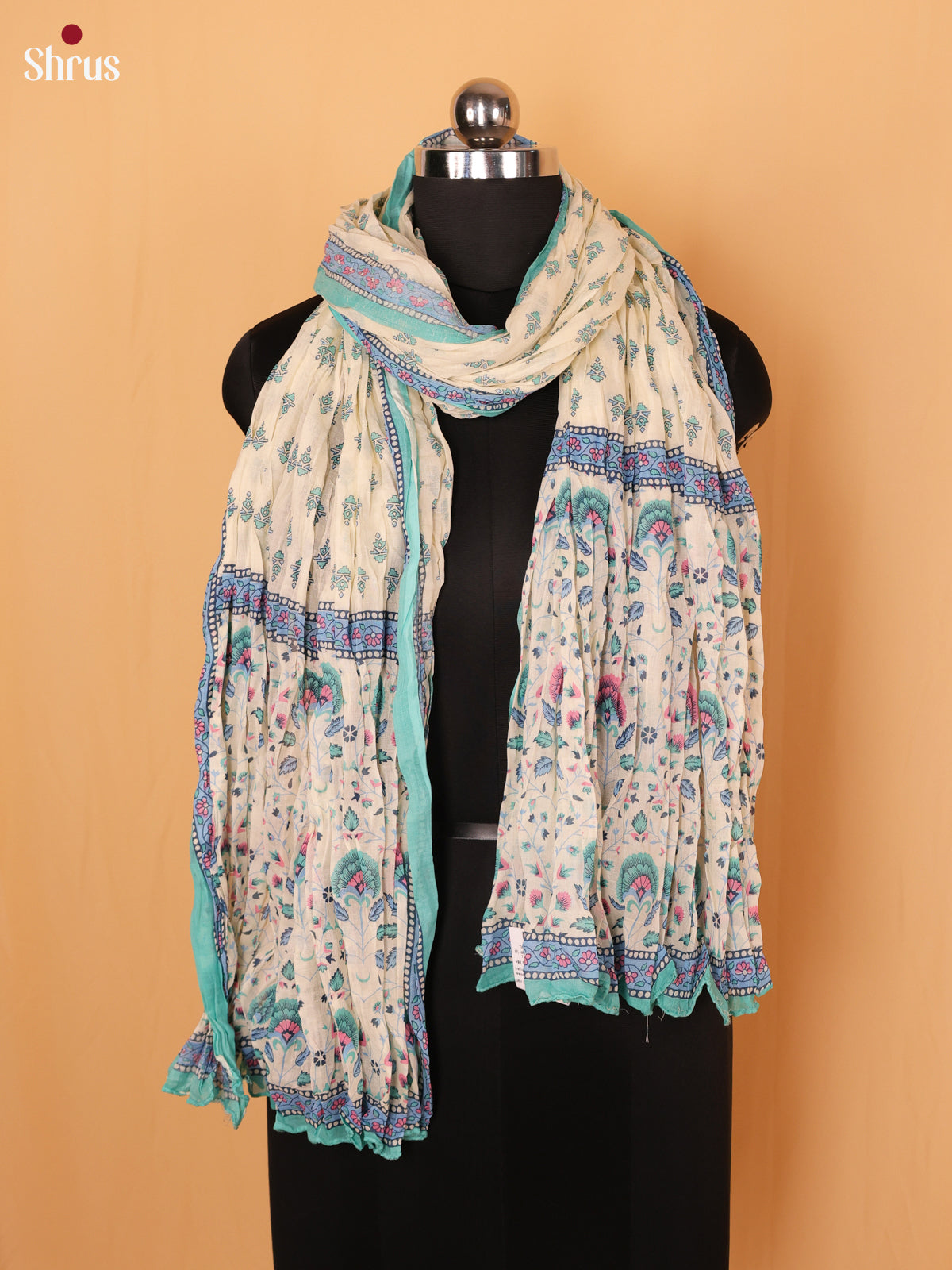 Cream with Blue Floral Print Cotton Dupatta