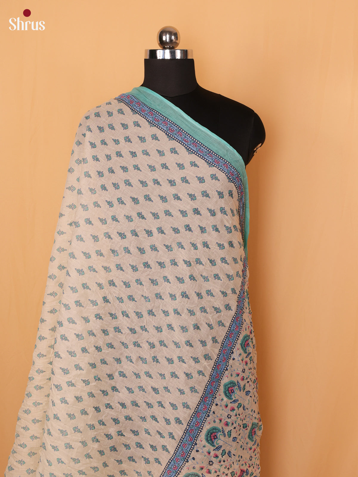 Cream with Blue Floral Print Cotton Dupatta