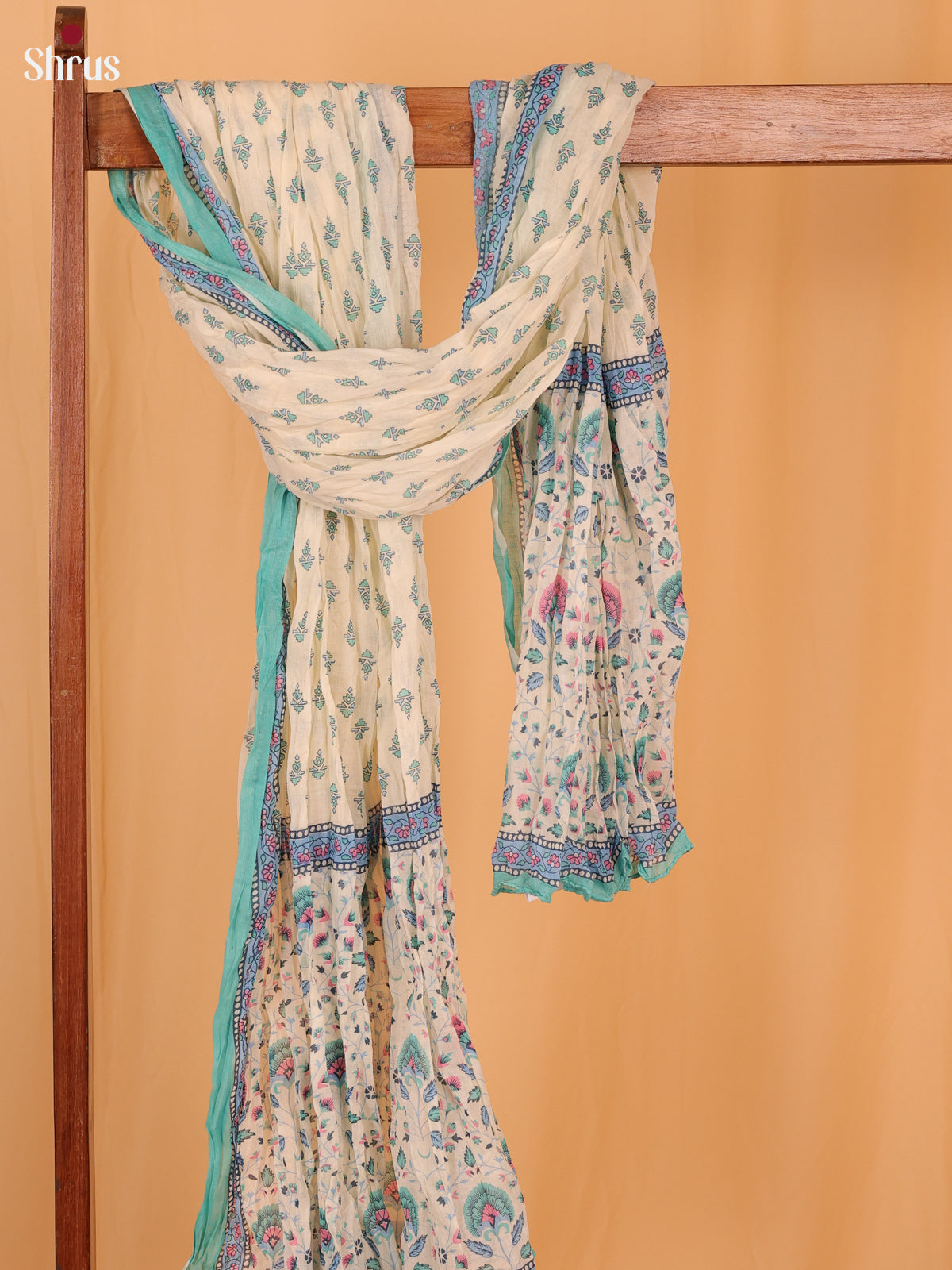 Cream with Blue Floral Print Cotton Dupatta