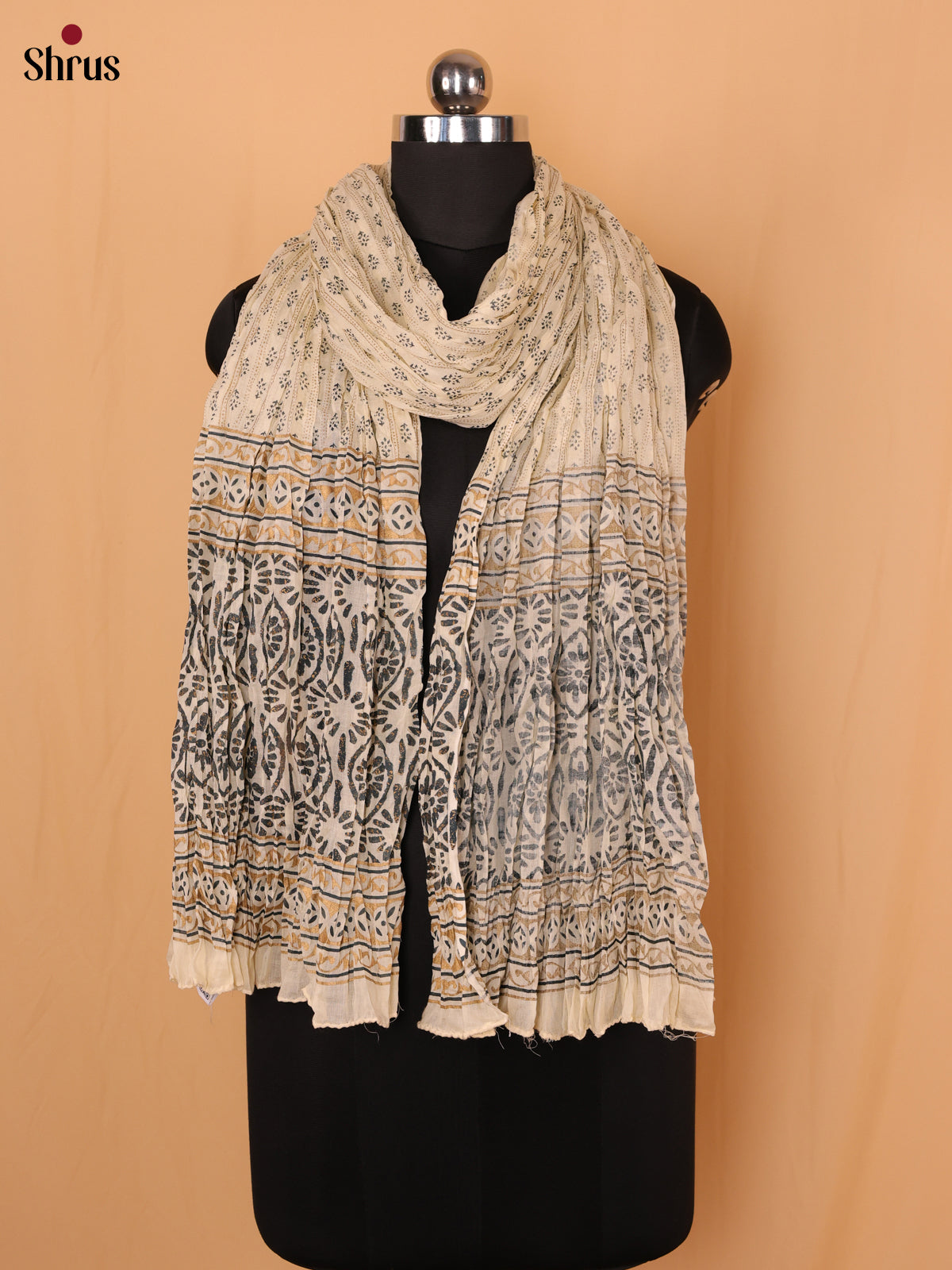 Cream Floral Print Cotton Dupatta