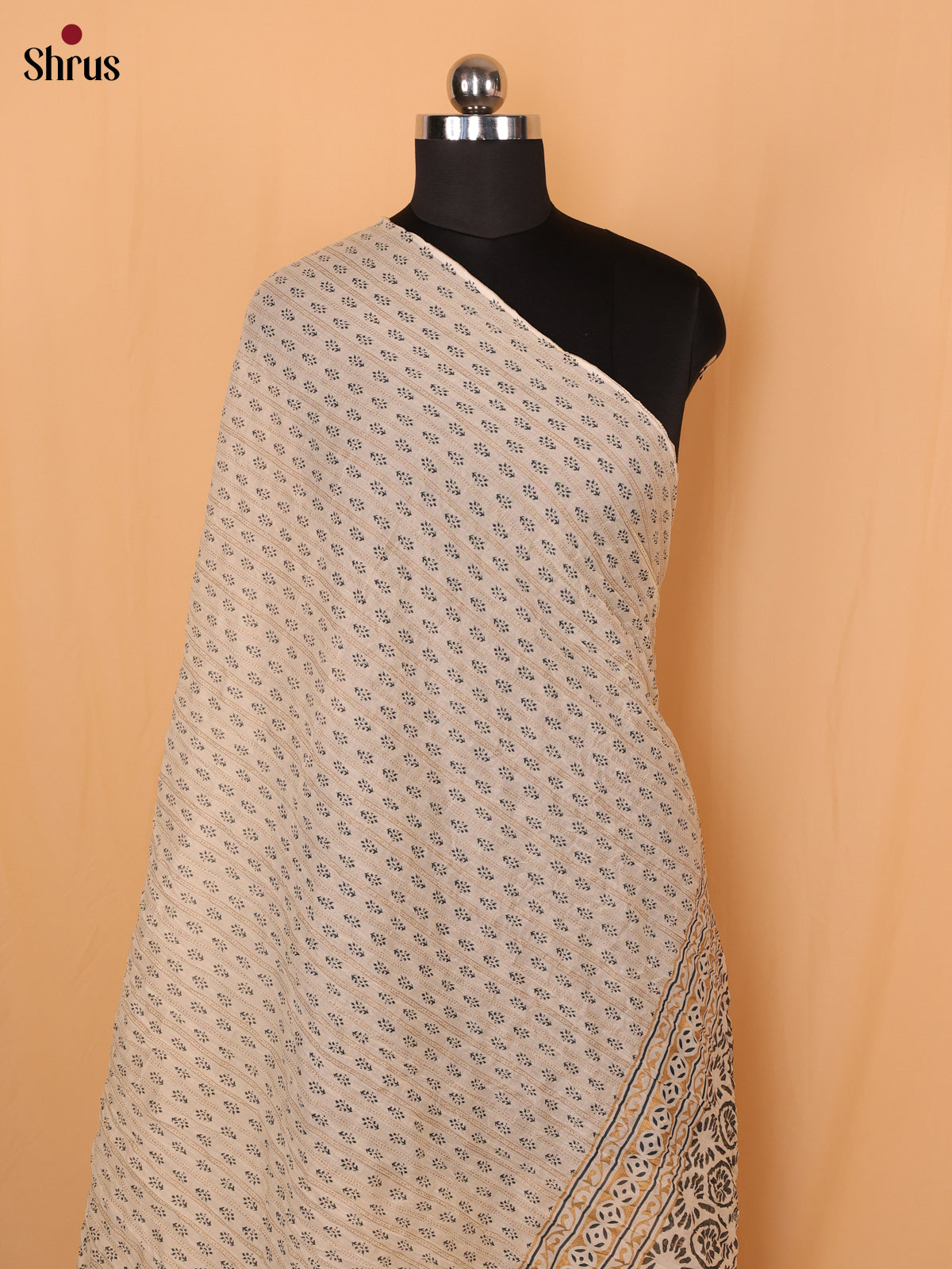 Cream Floral Print Cotton Dupatta