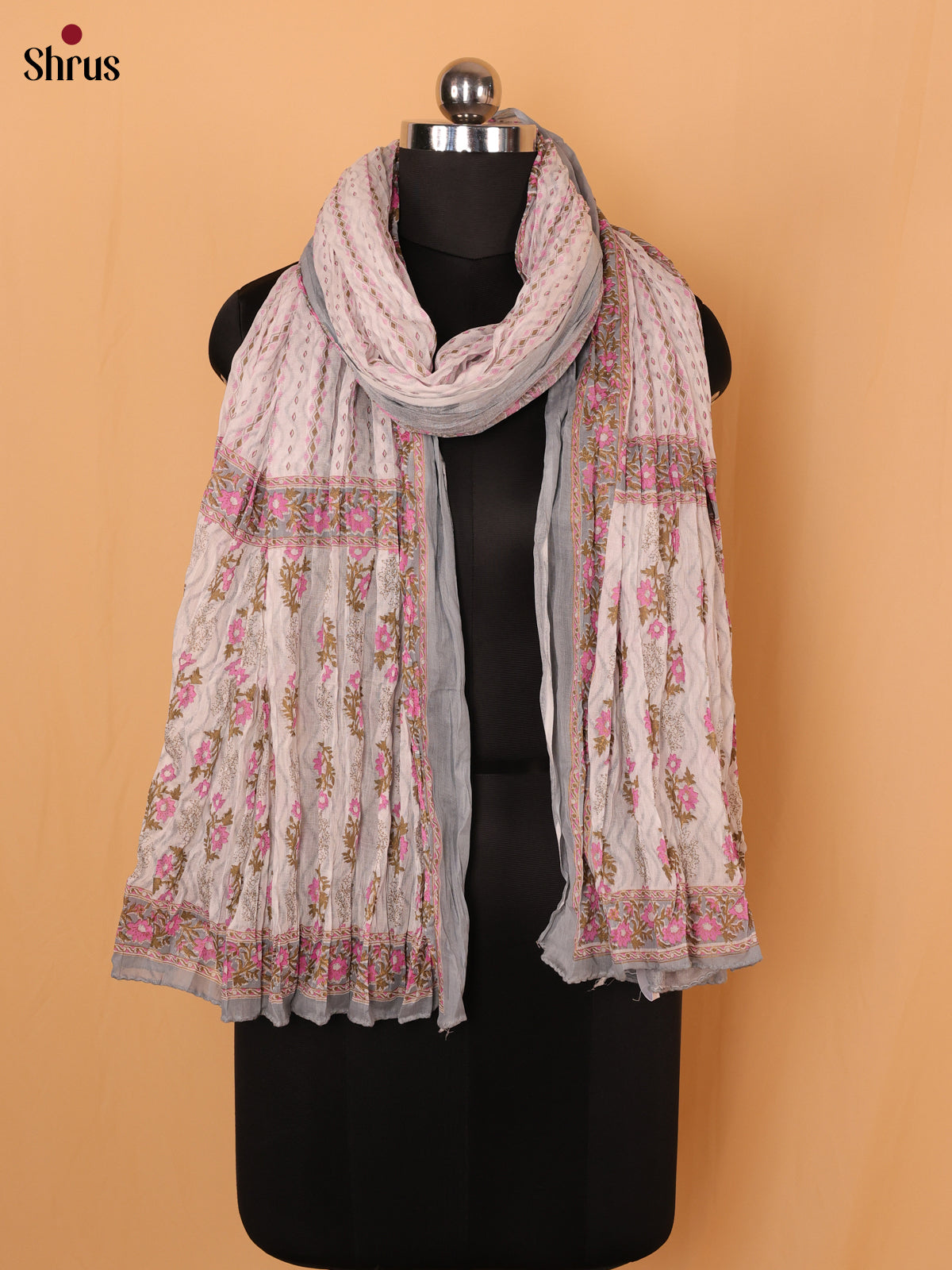 White With Grey Floral Print Cotton Dupatta