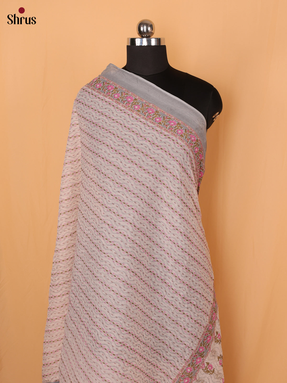 White With Grey Floral Print Cotton Dupatta