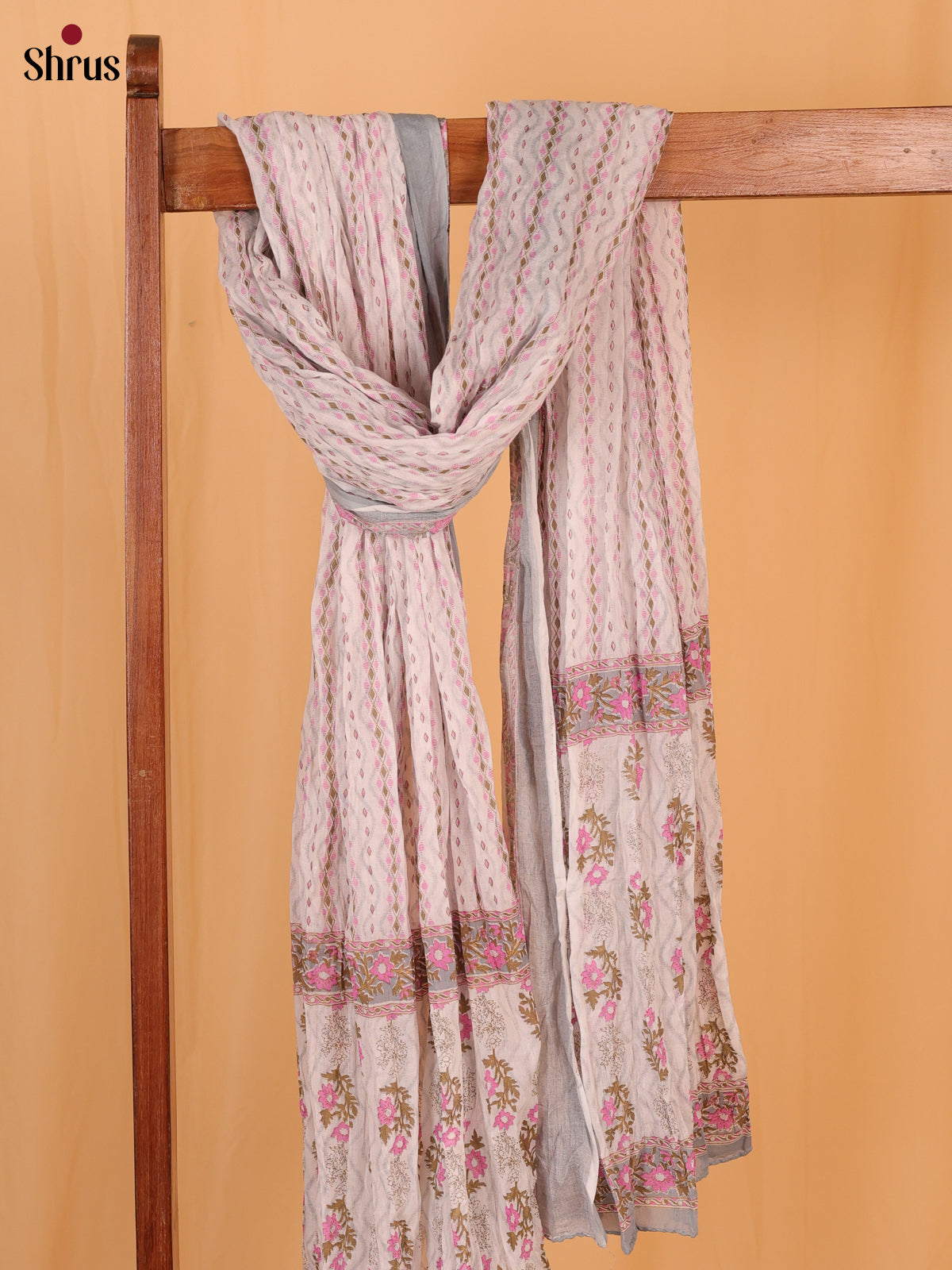 White With Grey Floral Print Cotton Dupatta