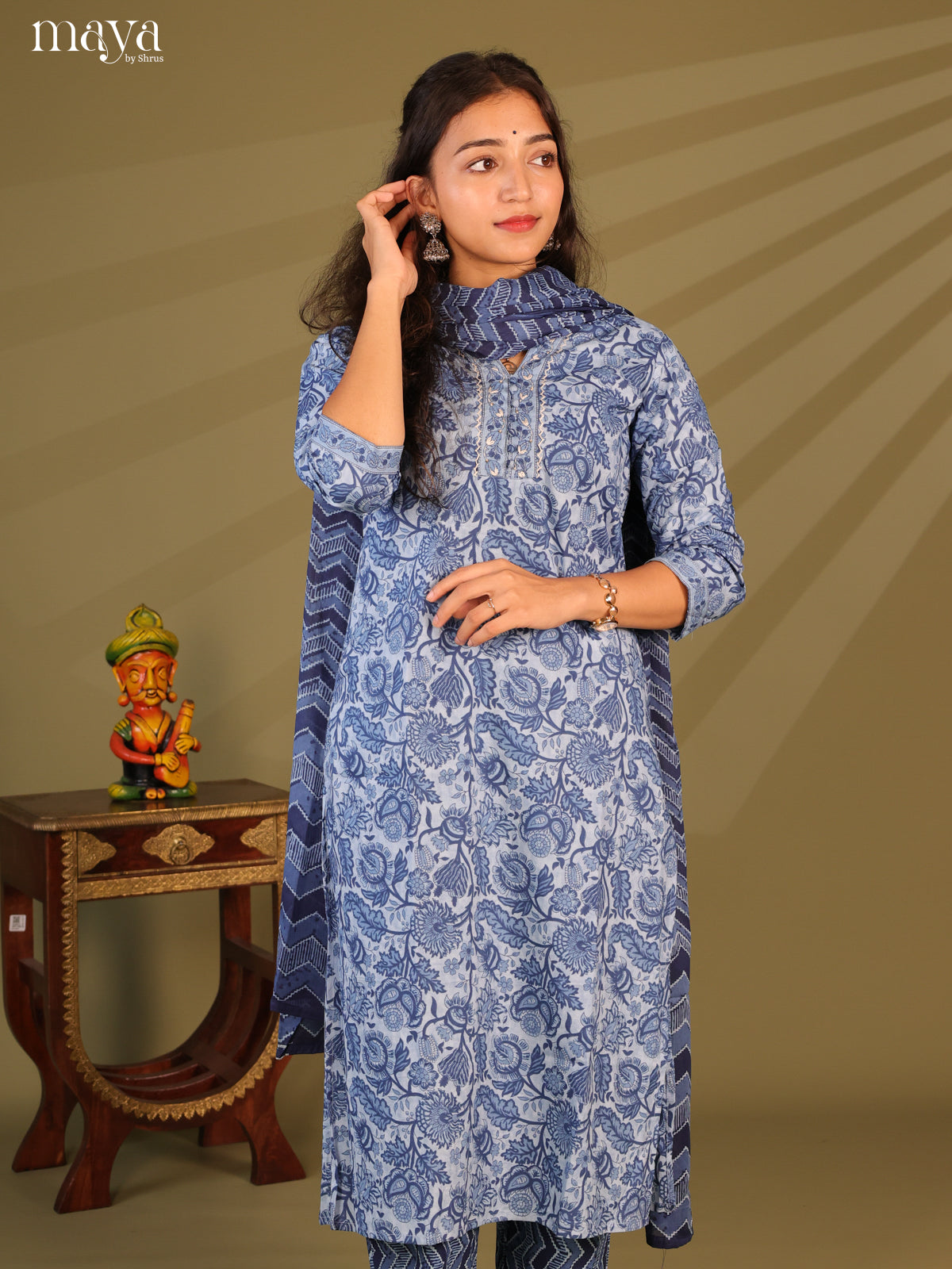 Blue Cotton 3Pc Salwar Suit with Floral Print - Top, Bottom & Dupatta