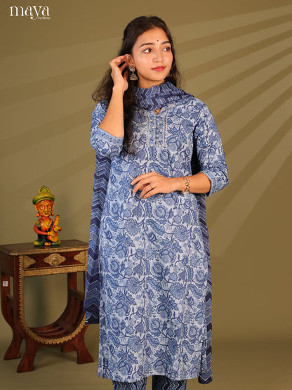 Blue Cotton 3Pc Salwar Suit with Floral Print - Top, Bottom & Dupatta