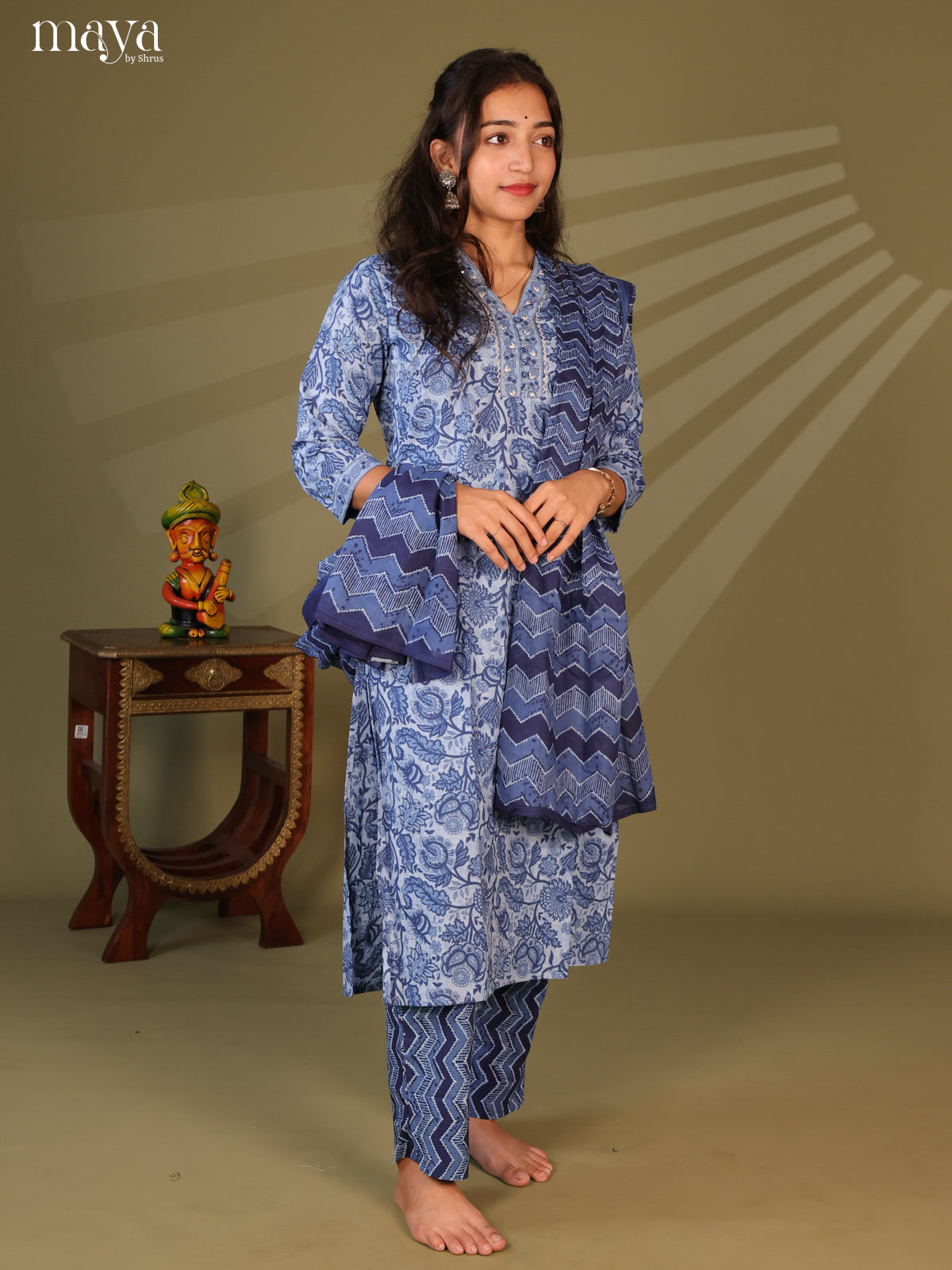 Blue Cotton 3Pc Salwar Suit with Floral Print - Top, Bottom & Dupatta