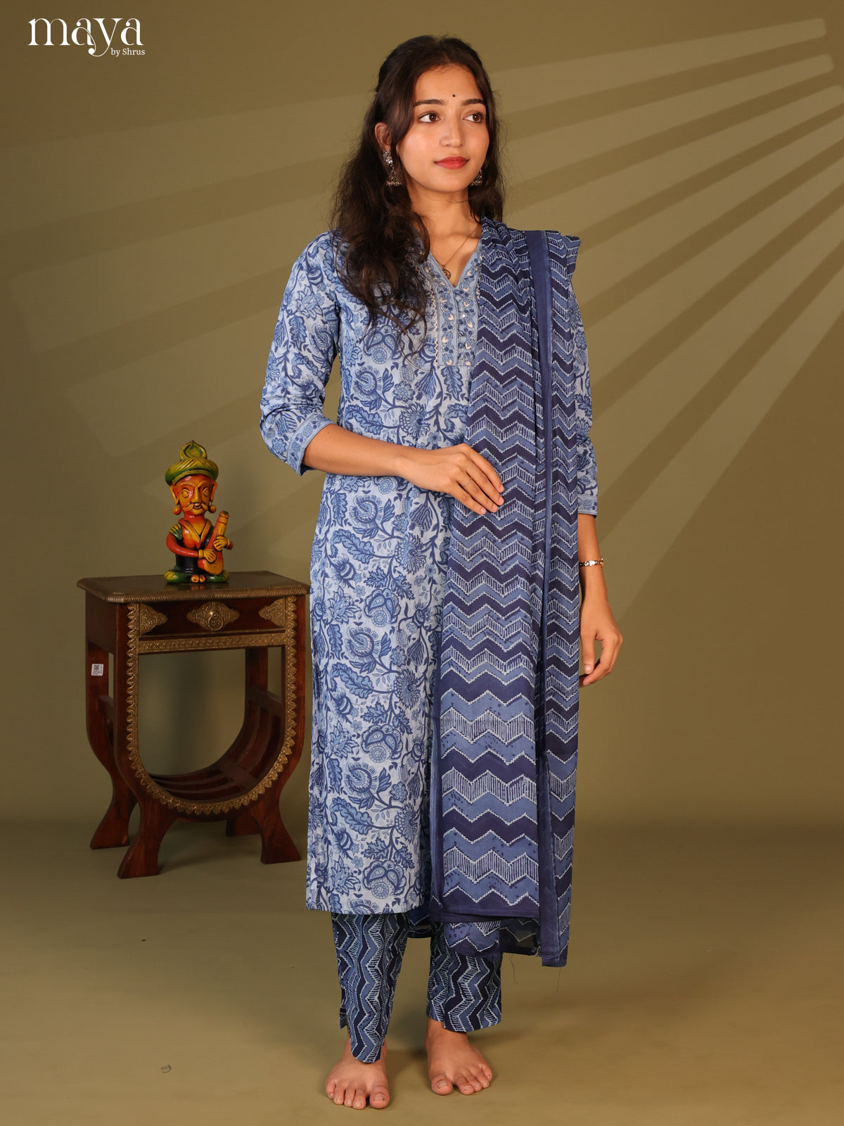 Blue Cotton 3Pc Salwar Suit with Floral Print - Top, Bottom & Dupatta