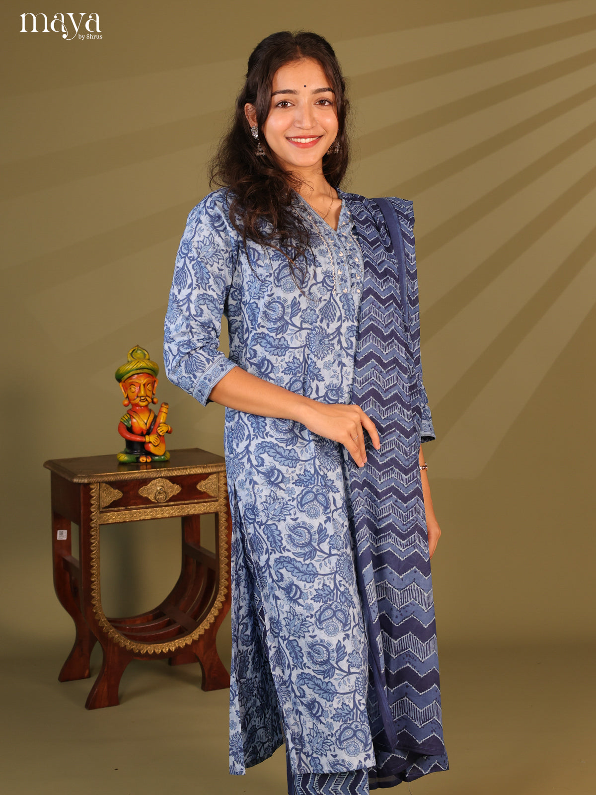 Blue Cotton 3Pc Salwar Suit with Floral Print - Top, Bottom & Dupatta