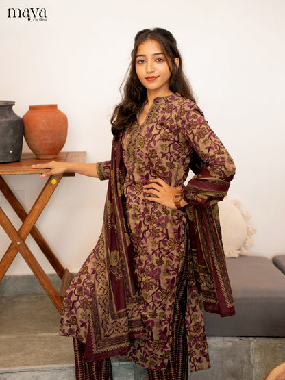 Green With Wine Cotton 3Pc Salwar Suit with Floral Print - Top, Bottom & Dupatta