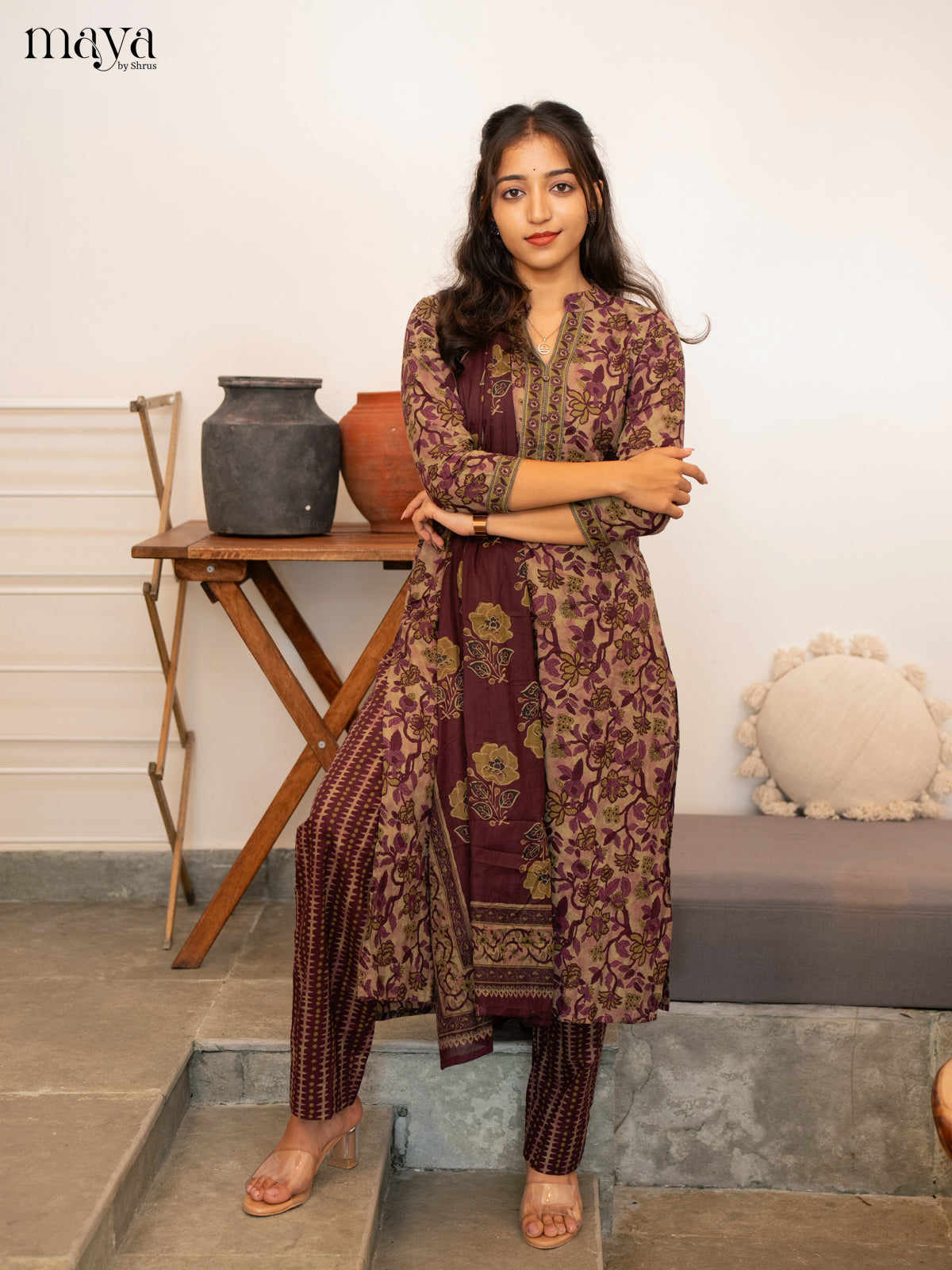 Green With Wine Cotton 3Pc Salwar Suit with Floral Print - Top, Bottom & Dupatta
