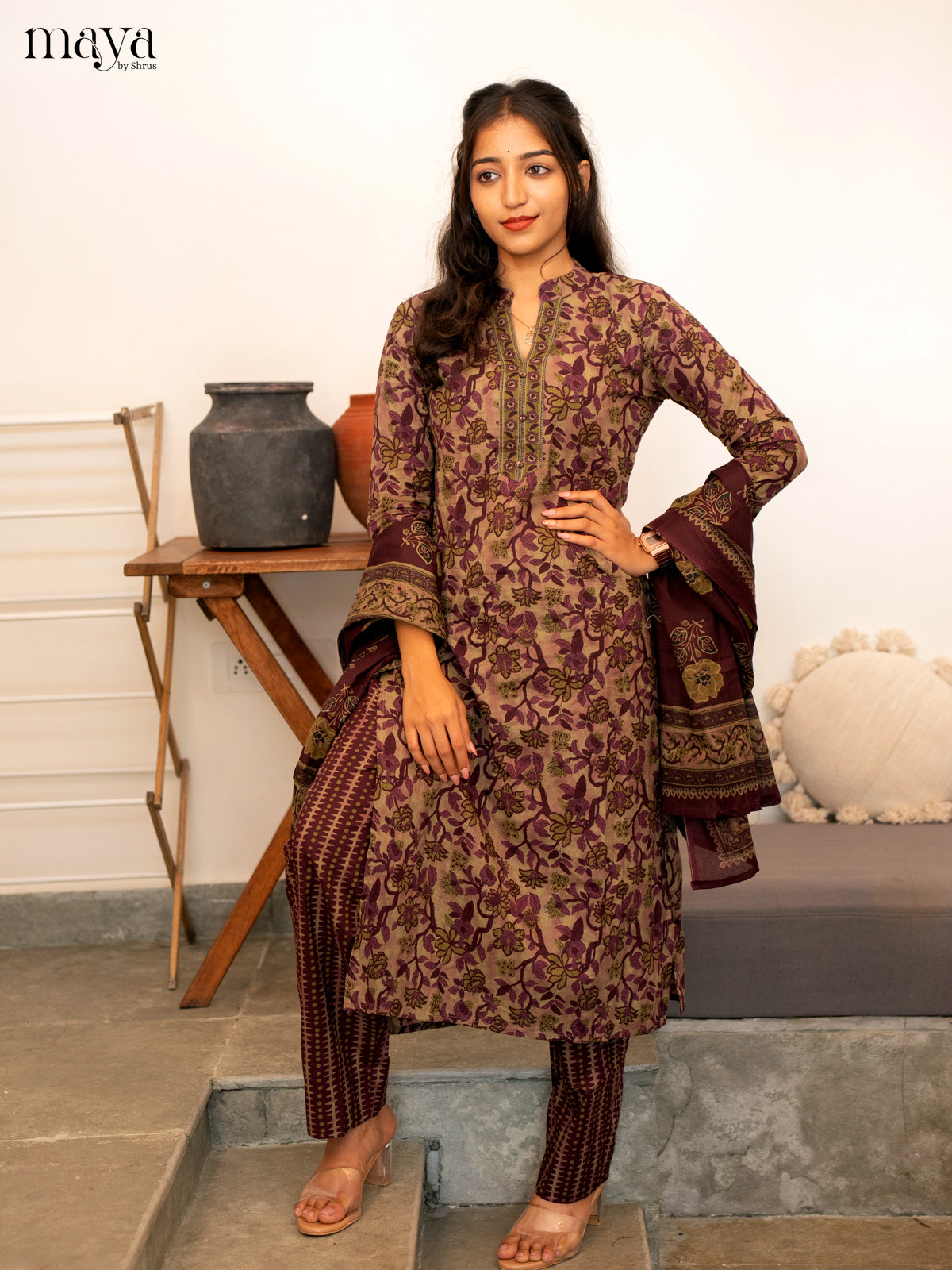 Green With Wine Cotton 3Pc Salwar Suit with Floral Print - Top, Bottom & Dupatta
