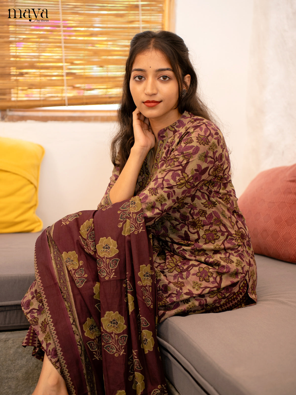 Green With Wine Cotton 3Pc Salwar Suit with Floral Print - Top, Bottom & Dupatta