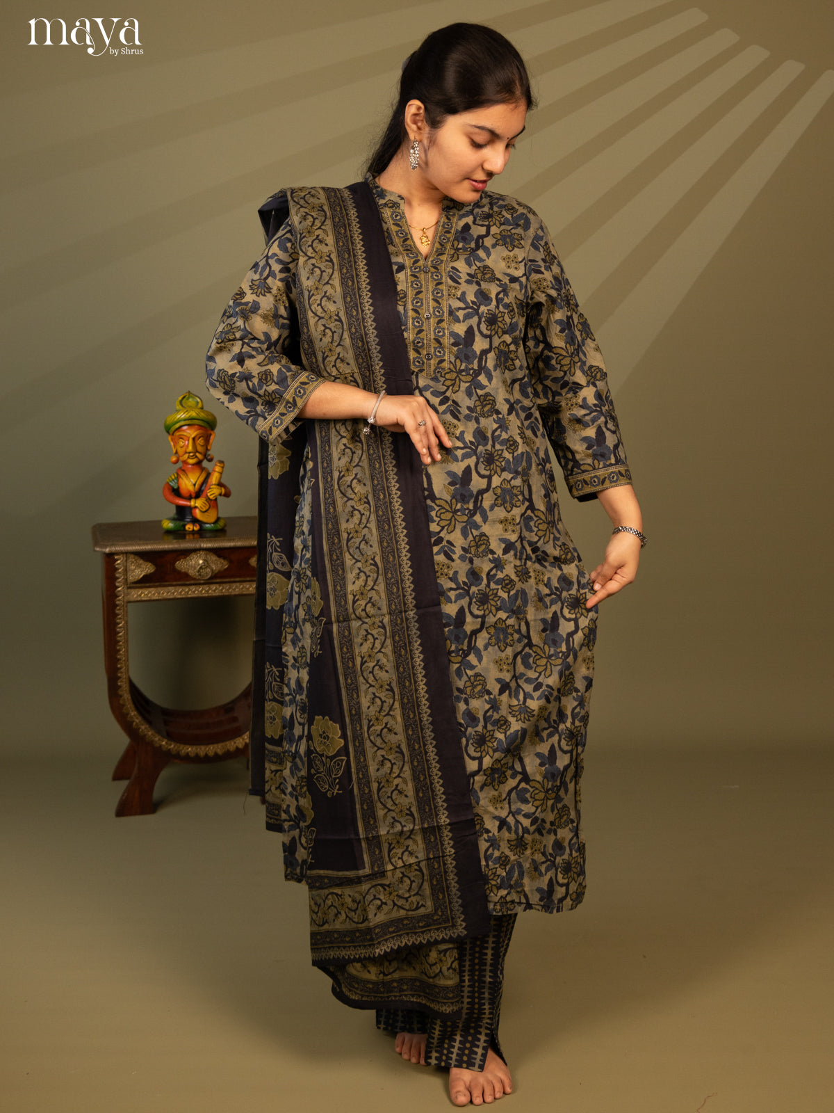 Green Cotton 3Pc Salwar Suit with Floral Print - Top, Bottom & Dupatta