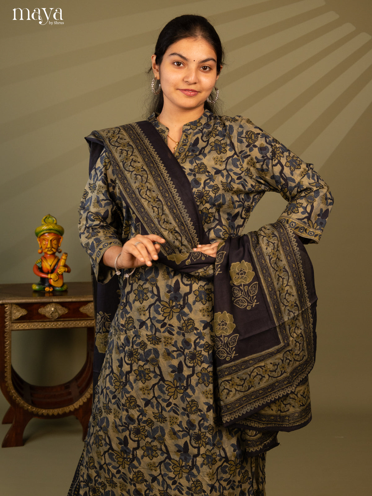 Green Cotton 3Pc Salwar Suit with Floral Print - Top, Bottom & Dupatta