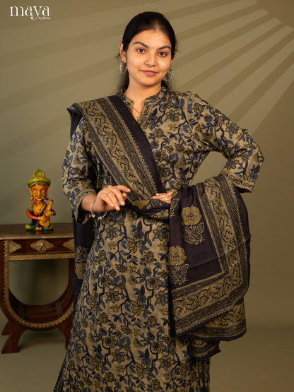 Green Cotton 3Pc Salwar Suit with Floral Print - Top, Bottom & Dupatta