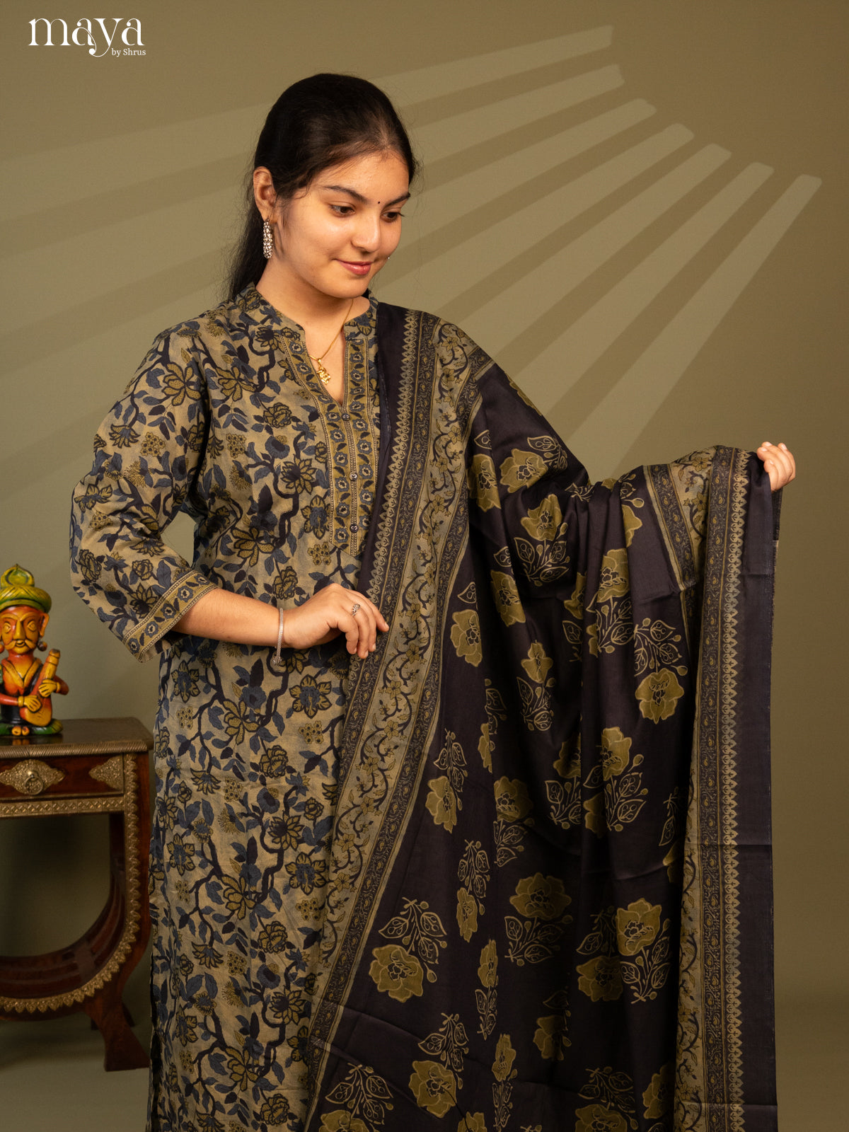 Green Cotton 3Pc Salwar Suit with Floral Print - Top, Bottom & Dupatta