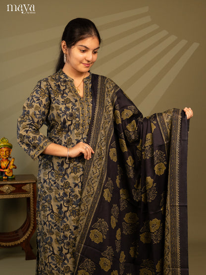Green Cotton 3Pc Salwar Suit with Floral Print - Top, Bottom & Dupatta