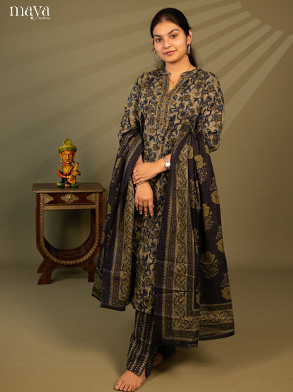 Green Cotton 3Pc Salwar Suit with Floral Print - Top, Bottom & Dupatta