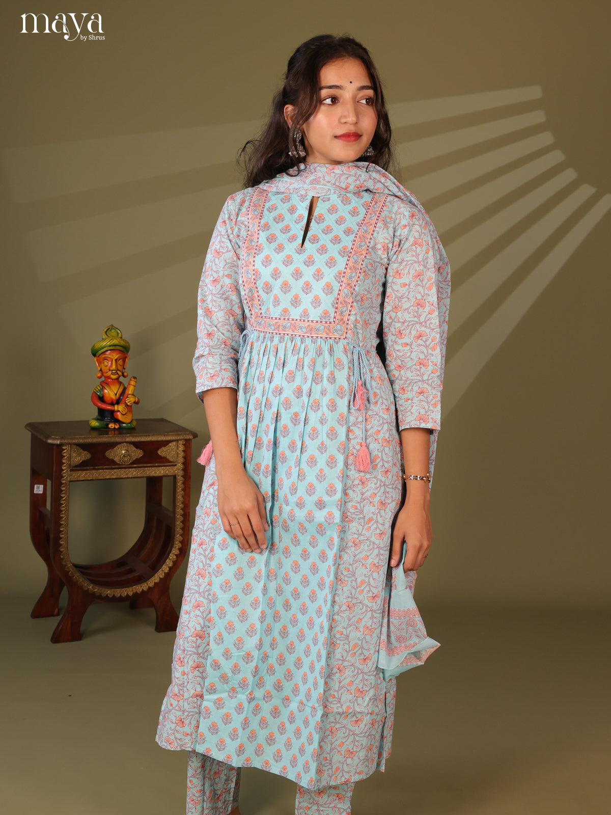 Blue Cotton 3Pc Salwar Suit with Floral Print - Top, Bottom & Dupatta